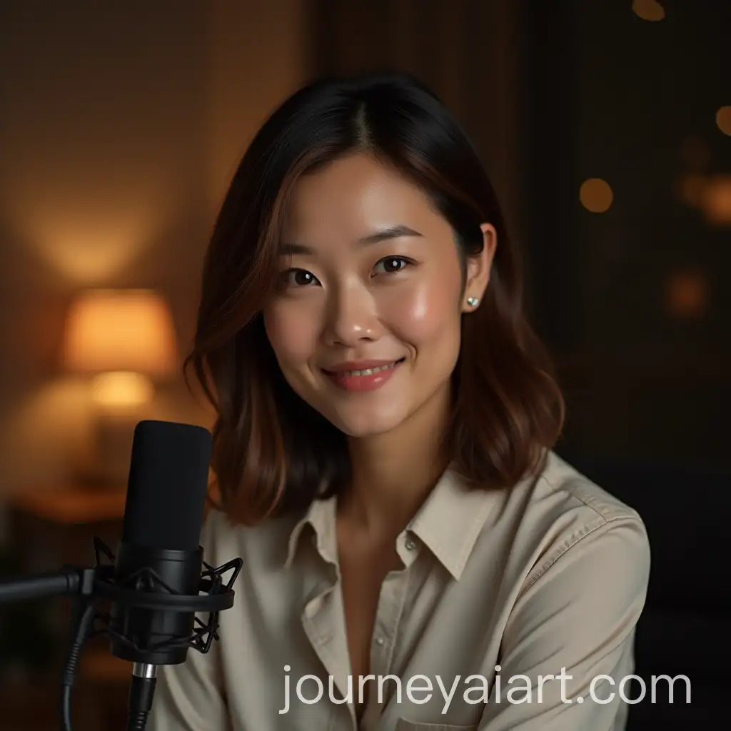 Mature-Asian-Woman-Podcasting-in-Cozy-Studio-with-Professional-Setup