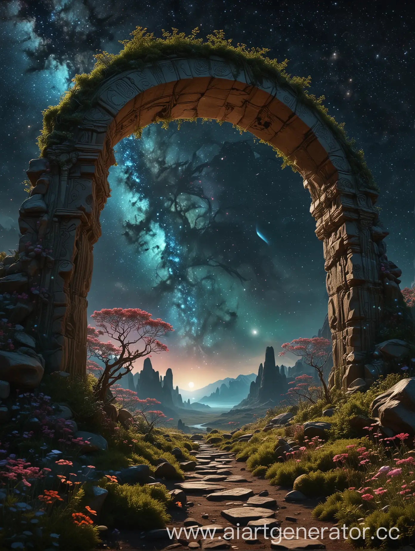 Ancient-Stone-Arch-in-Organic-SciFi-World-with-Bioluminescent-Flora-and-Nebula-Sky