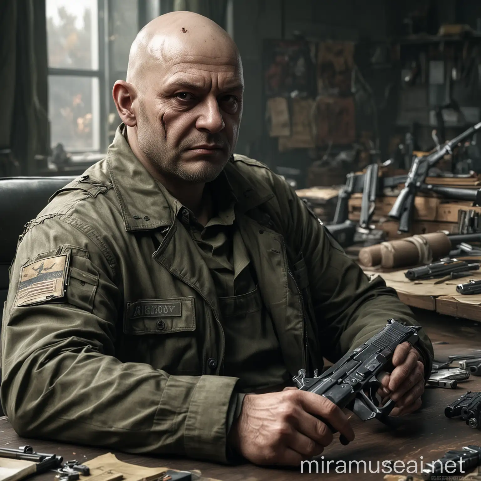 Trader Prapor from Escape from Tarkov Sitting at Desk with Guns