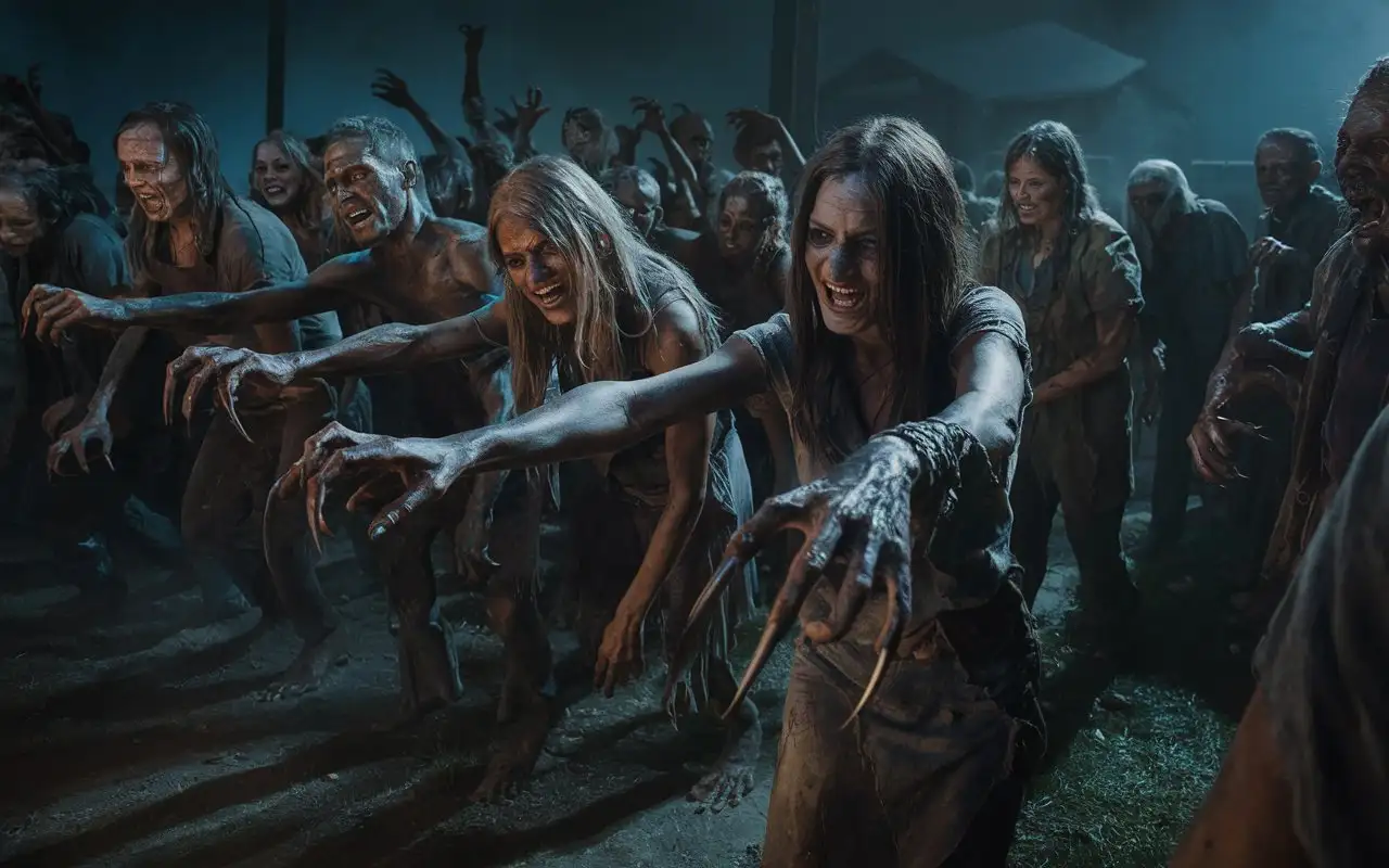 A terrifying crowd of ugly, rotten zombie and zombie women creatures stretches out their long- pointed fingernailed like claws hands, Hyperrealism, cinematography, high detail, photorealistic, high quality, photorealistic, aggressive, gloomy atmosphere, realism, minute details, detailed nails, horror, atmospheric lighting, full anatomical study, photorealism, detail, texture, gloomy, frightening, night scene, tense, creepy, undead, creepy, sinister, atmospheric lighting, nightmare, grotesque, horror, realistic anatomy