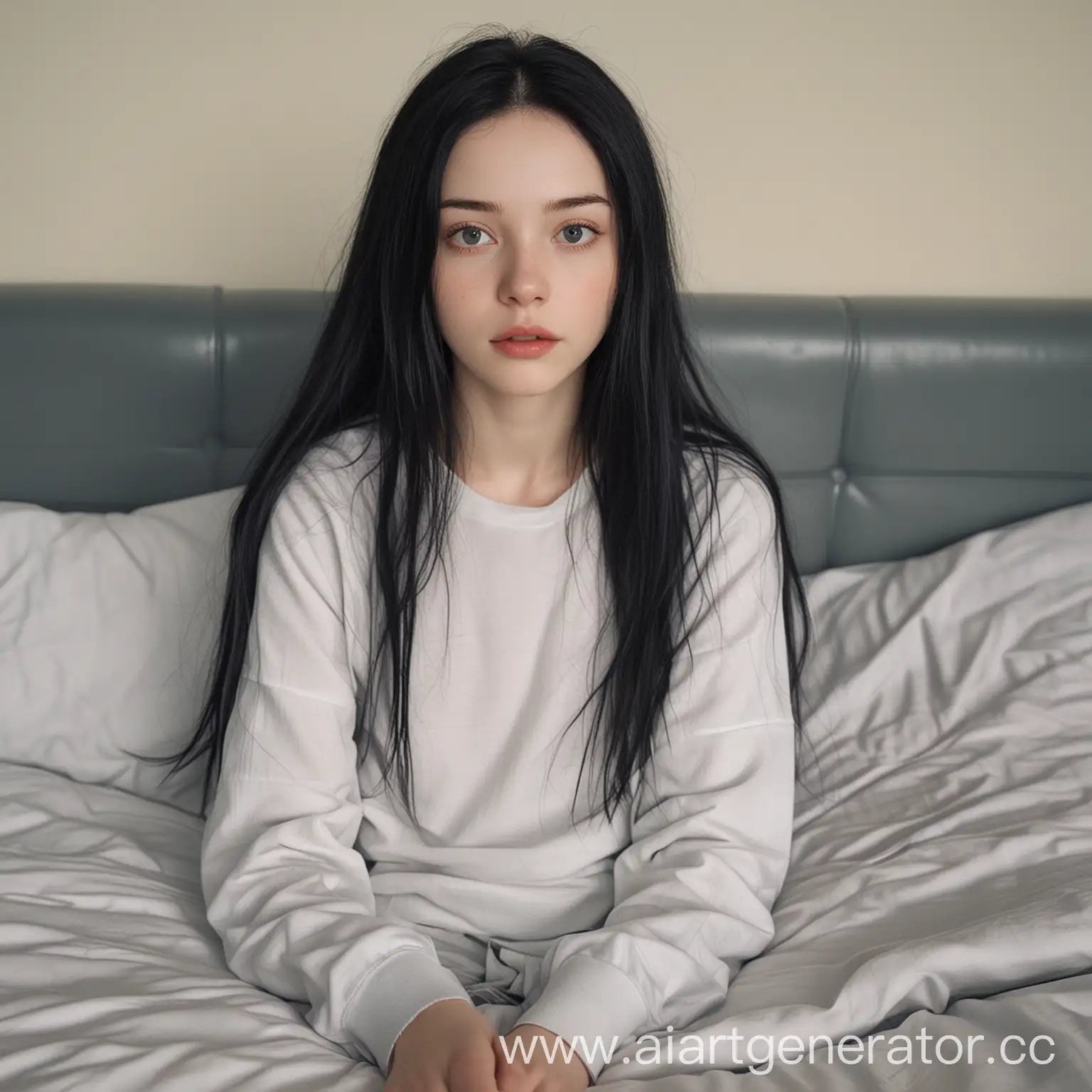 Long-Black-Hair-Girl-Lying-on-TwoSeater-Bed