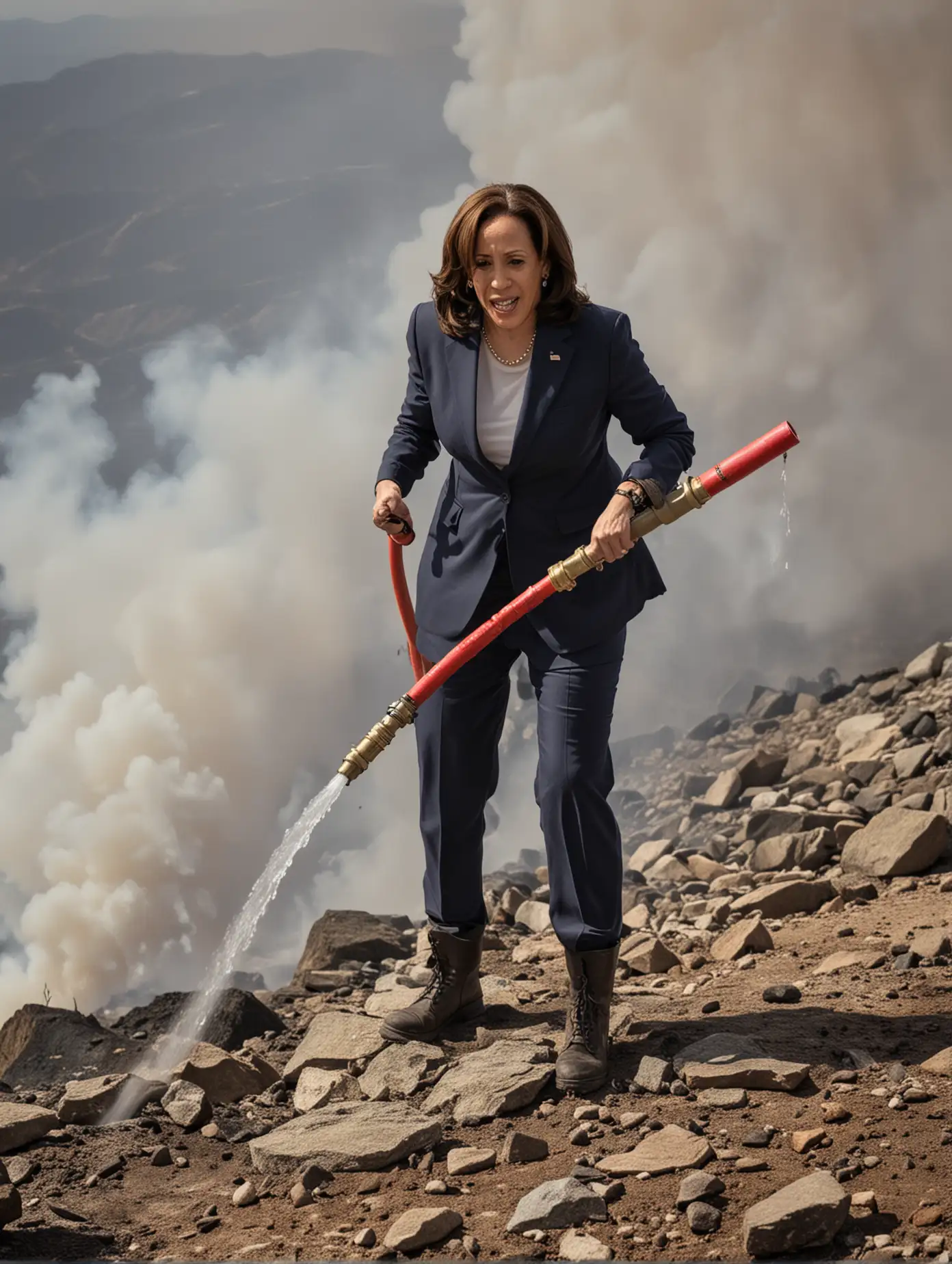 Vice president Kamala Harris, standing on the summit of a mountain, using a fire hose to put out a fire.