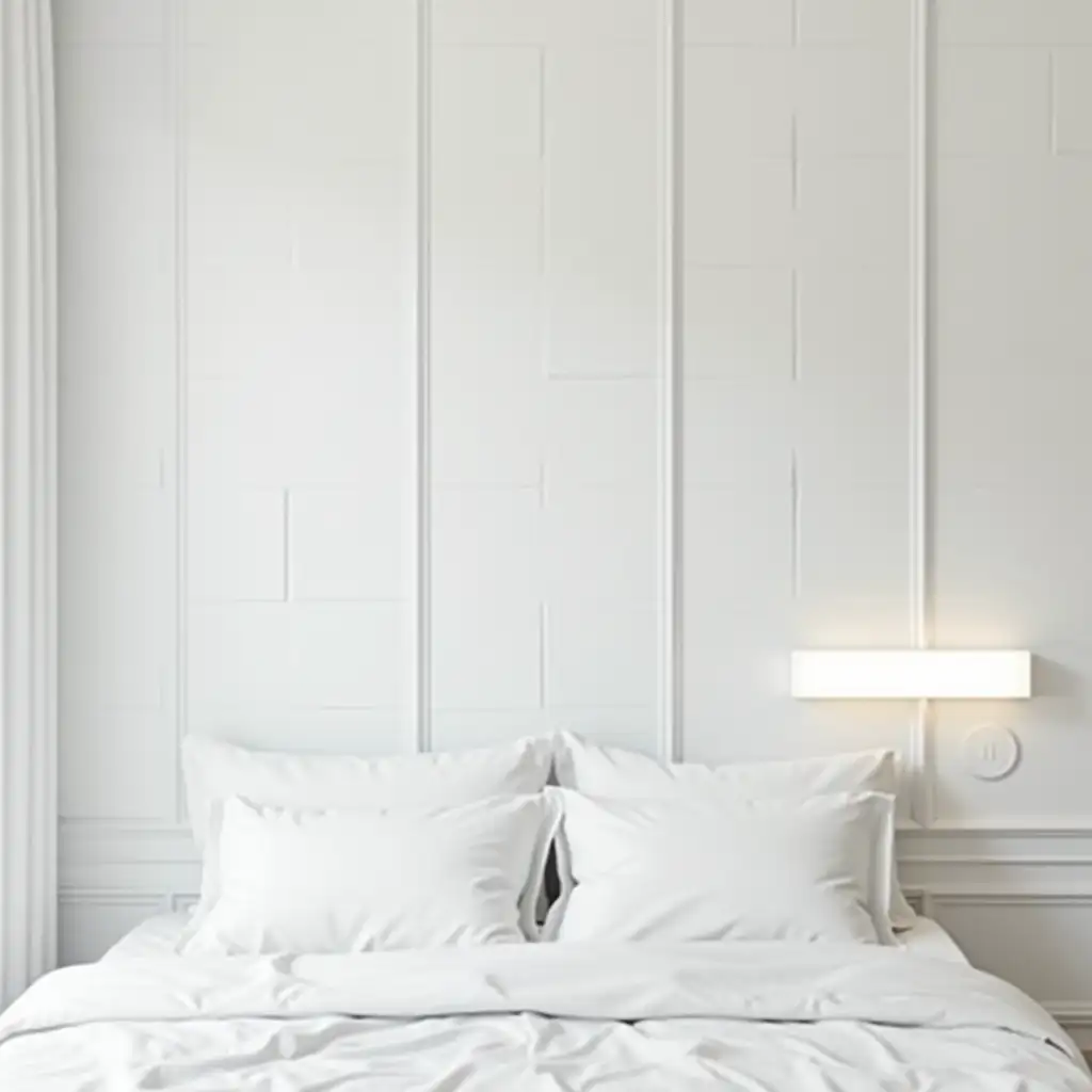 A white bedroom with a wall in the backdrop of white square panels, different shapes, in the middle a bed with soft headboard, rectangular light on the wall