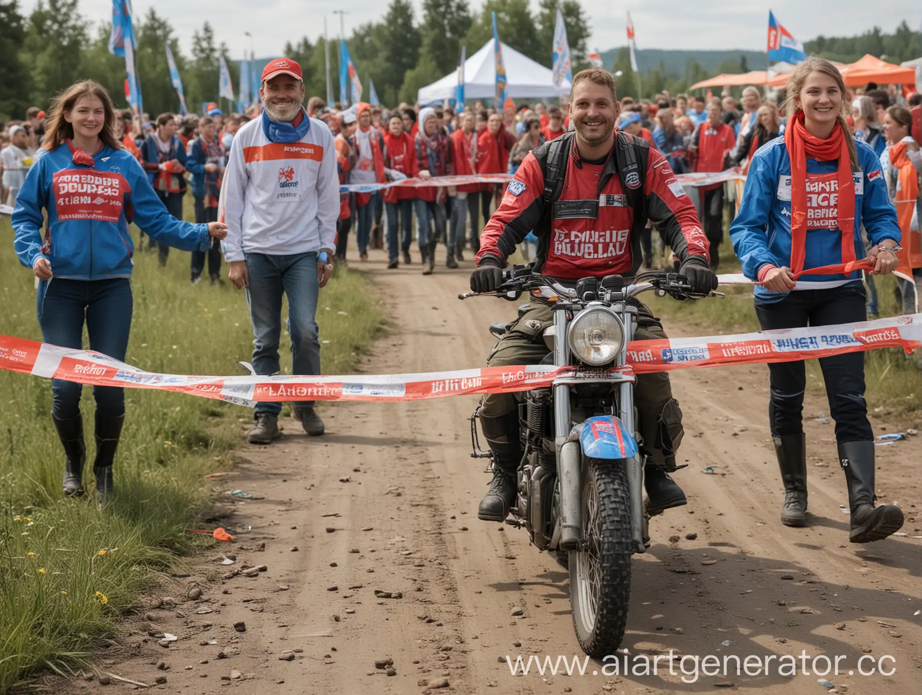 OffRoad-Motorcyclist-Crossing-Finish-Line-Held-by-Russianthemed-Volunteers