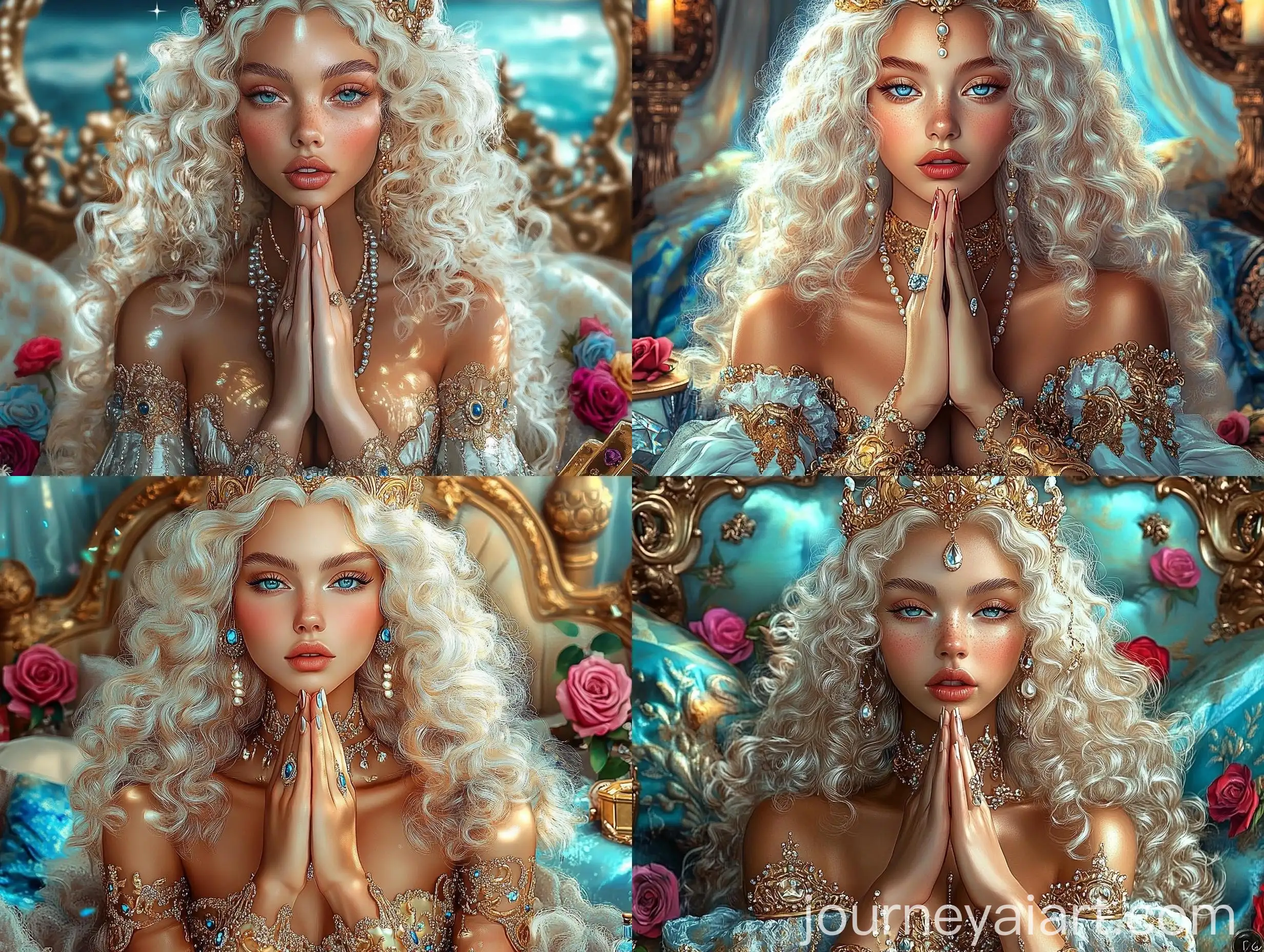 Medieval-Woman-in-Prayer-with-Golden-Crown-and-Roses