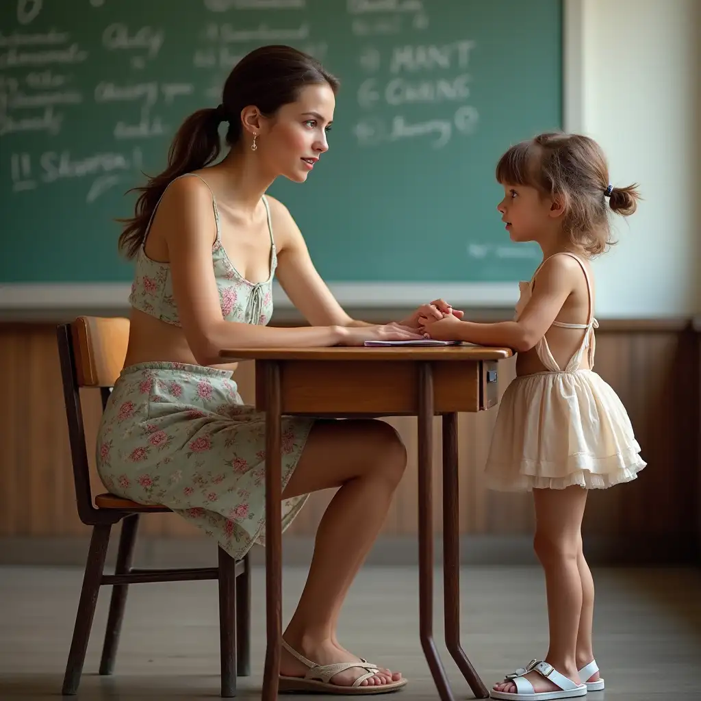 Young woman teacher, blue eyes, shiny skin, facing to the side, seated behind a wooden desk in a classroom. She is wearing a bare midriff top, narrow flowered miniskirt, and sandals. A little girl, blue eyes, shiny bare skin, facing to the side, beside the desk, talking with the teacher. The girl is wearing a tiny backless top, very small narrow ruffled miniskirt and white sandals. Long skinny legs and feet visible.