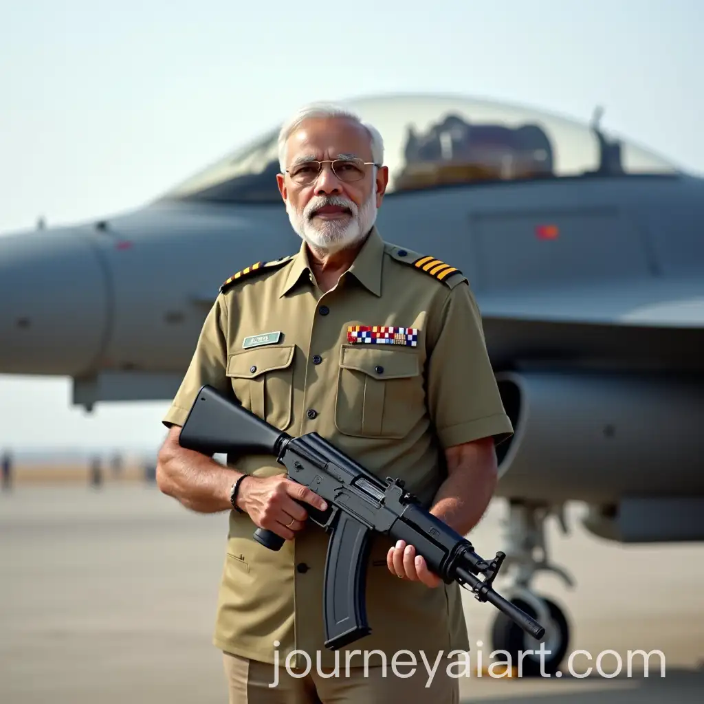 PM-Modi-in-Military-Dress-Posing-with-Tejas-Fighter-Jet-and-AK47