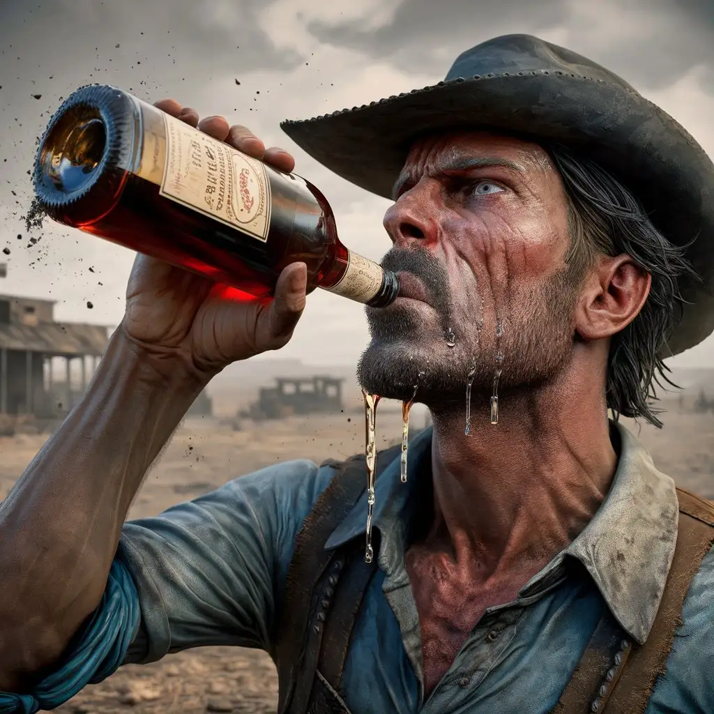 Cowboy Drinking Alcohol Spilling Drink in Realistic 3D Render