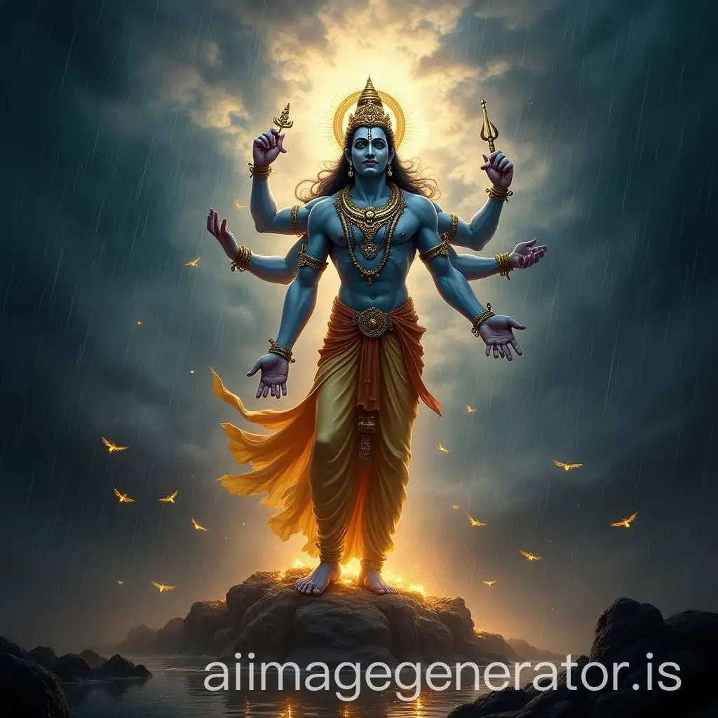 Divine-Lord-Vishnu-Surrounded-by-Celestial-Beings and-storrm-lighting-heavy rain-