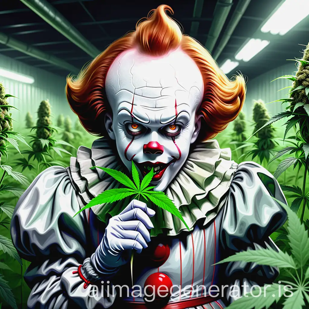 pennywise in cannabis farm holding a cannabis leaf highly detailed digital painting ultra quality