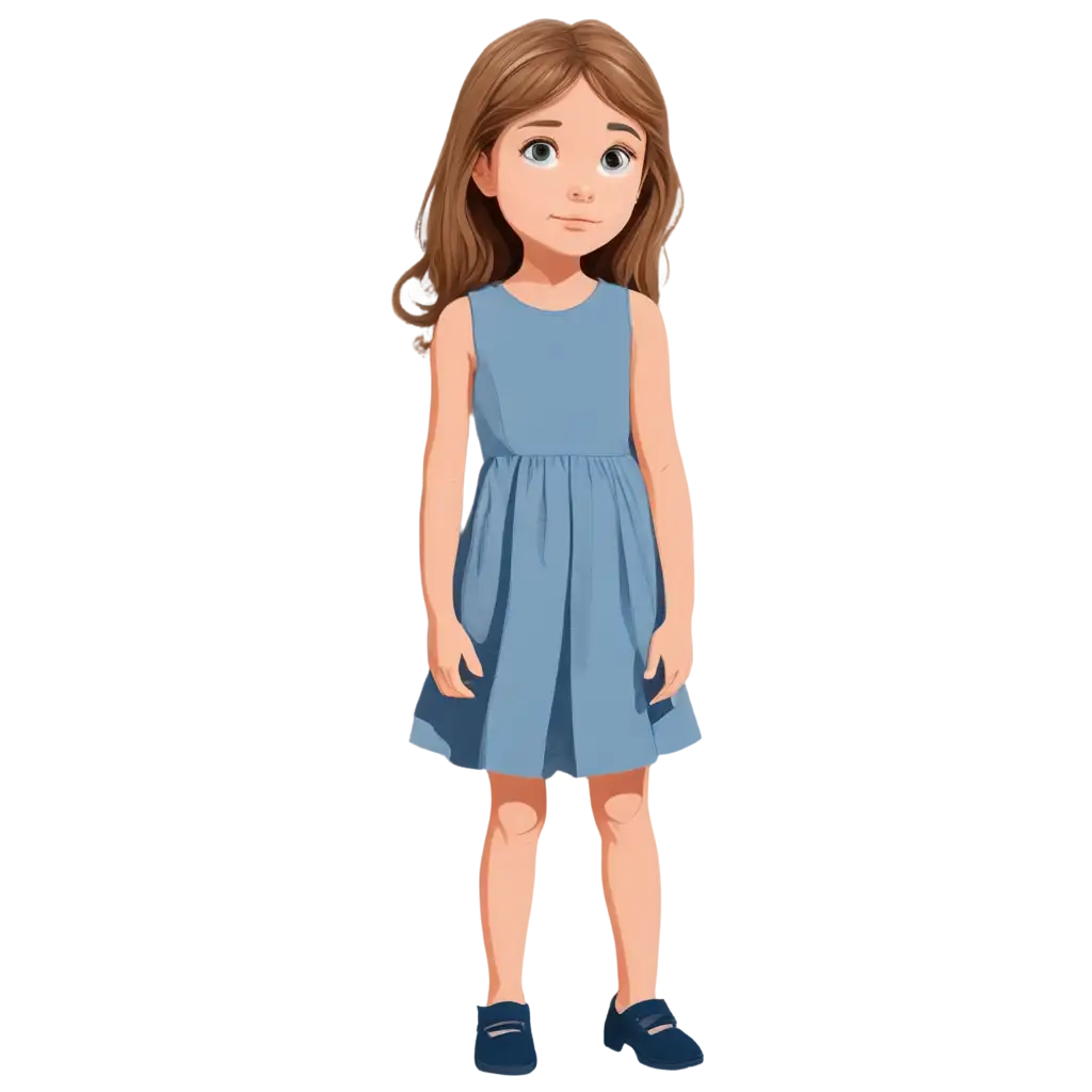 Cartoon-Style-PNG-of-a-6YearOld-Girl-with-Light-Hair-Brown-Eyes-and-a-Blue-Dress-Thinking-Sideways