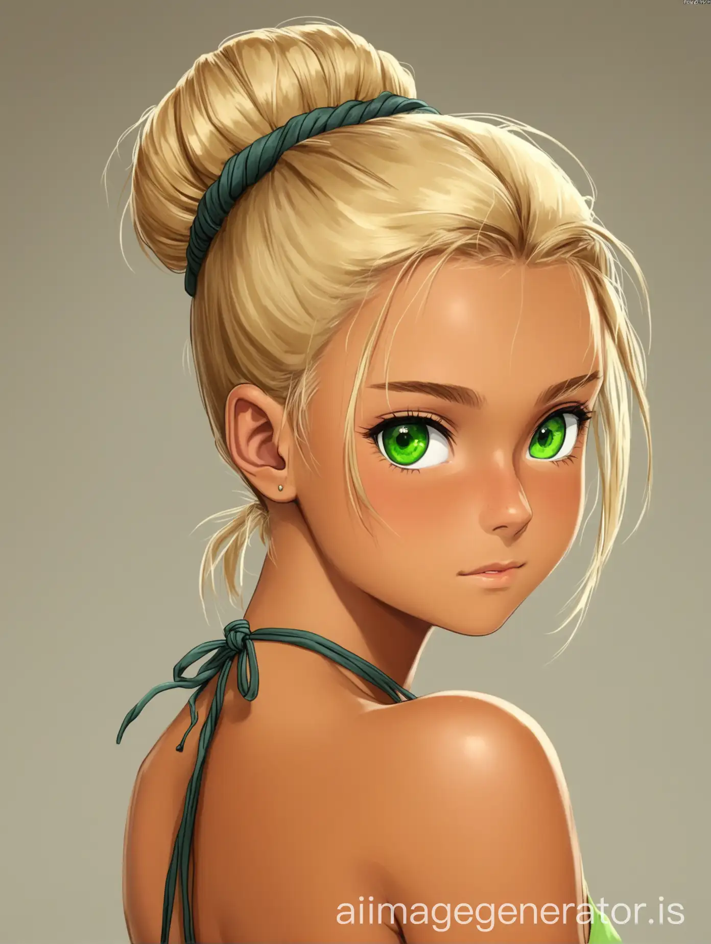 pretty 18 year old blonde girl with tied up hair in a bun, green eyes, tanned