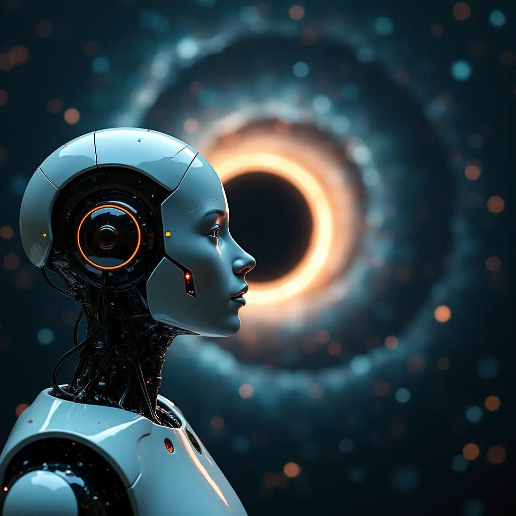 Artificial intelligence in the form of a robot with a human face confronts an ancient intelligence from a black hole. Their dialogue is in the languages of light and sound.
