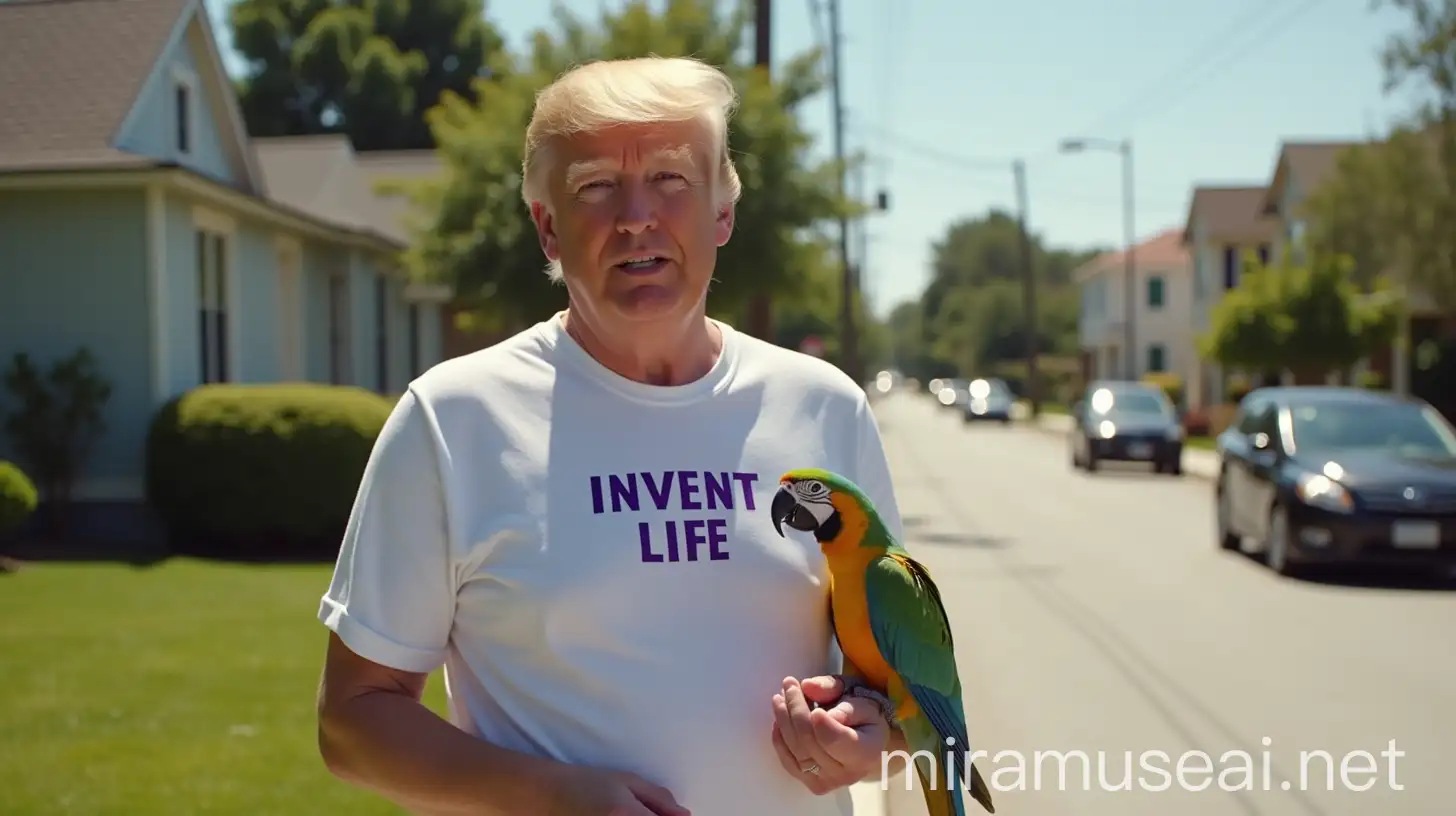 Donald John Trump Holding a Parrot in Sunny Day Street Scene