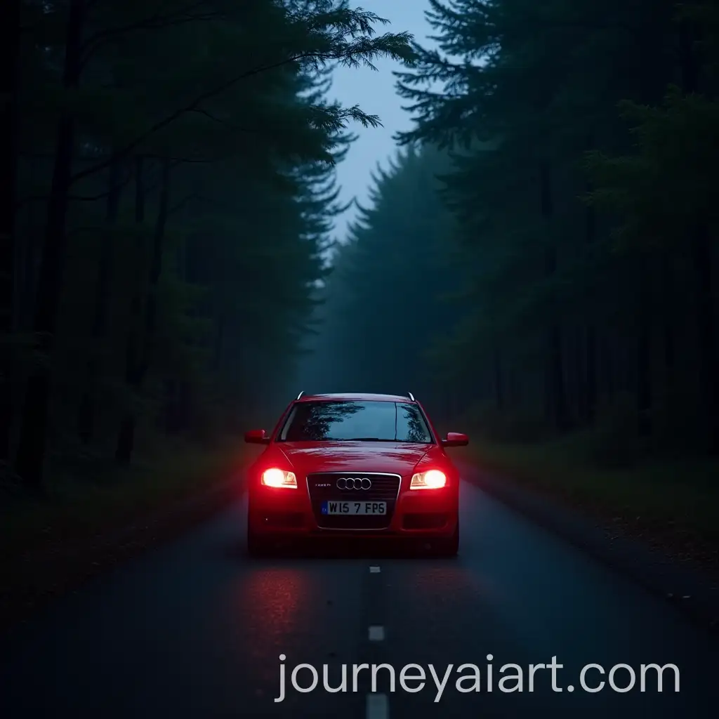 Red-Car-Driving-Through-a-Forest-Road-at-Night