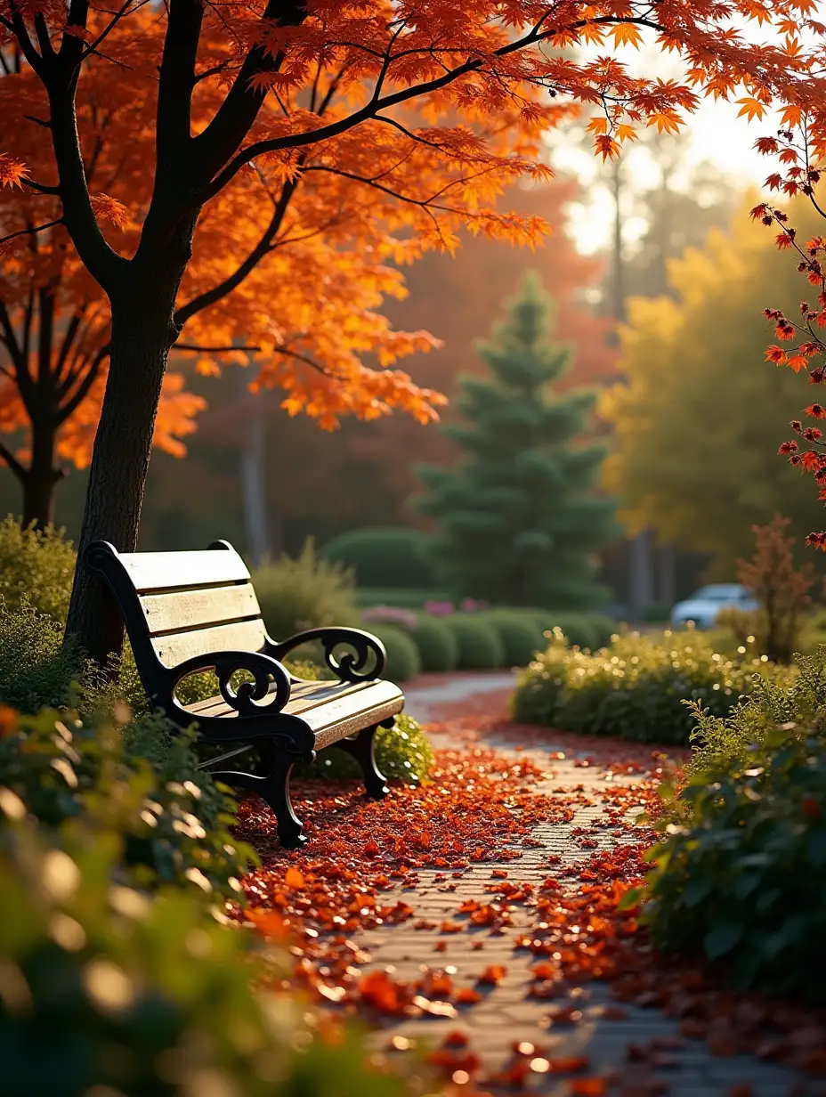 Real garden, autumn, bench in the garden, light colors