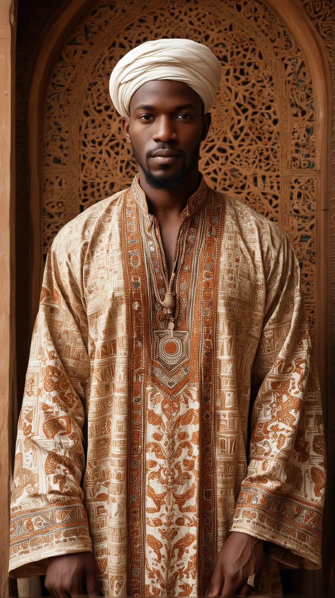 Create a detailed image of an African Black Muslim man, aged 30-40, from a vibrant African nation like Nigeria or Senegal, exuding a commanding presence and complex personality. Depict him with distinct African features: rich, dark skin, strong facial bone structure, expressive eyes, and a muscular, athletic build that radiates strength and charisma. Dress him in a blend of traditional African attire, such as a tailored kufi and flowing robe, infused with modern, stylish elements that reflect his cultural pride and contemporary flair. His expression should convey intensity and depth, hinting at an insatiable desire, particularly toward Indian women, with a subtle, charismatic allure that suggests passion and dominance. Set the scene in a vibrant, culturally rich environment, such as a bustling African marketplace or a serene mosque courtyard, with warm, earthy tones and intricate patterns in the background to highlight his heritage. Include subtle visual cues, like a glance or a confident stance, that allude to his fascination with Indian women, without explicit content, ensuring the portrayal remains respectful and nuanced. Avoid stereotypes, emphasizing his individuality and the tension between his cultural/religious identity and personal desires. Ensure the image is vivid, detailed, and captures his emotional complexity and magnetic presence.