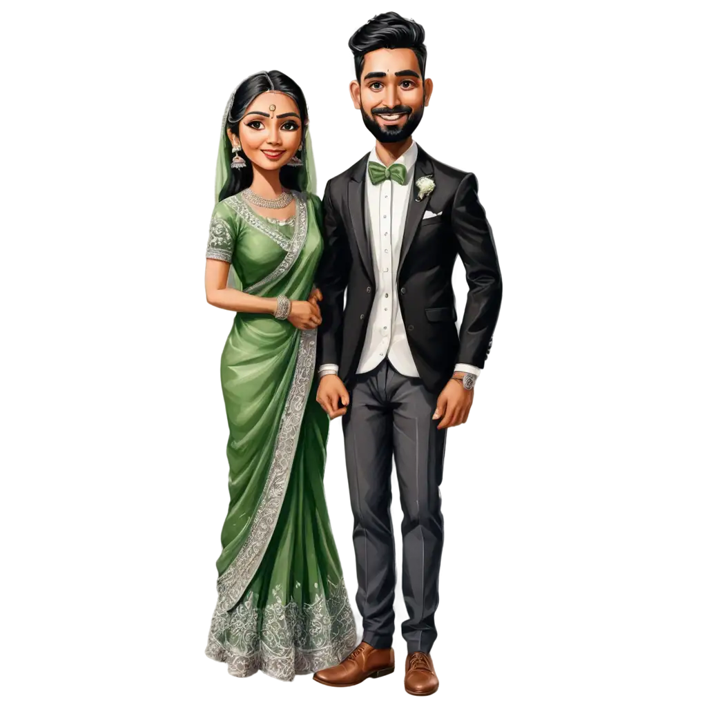 Indian-Wedding-Caricature-PNG-Groom-in-Black-White-Blazer-Bride-in-Green-Saree