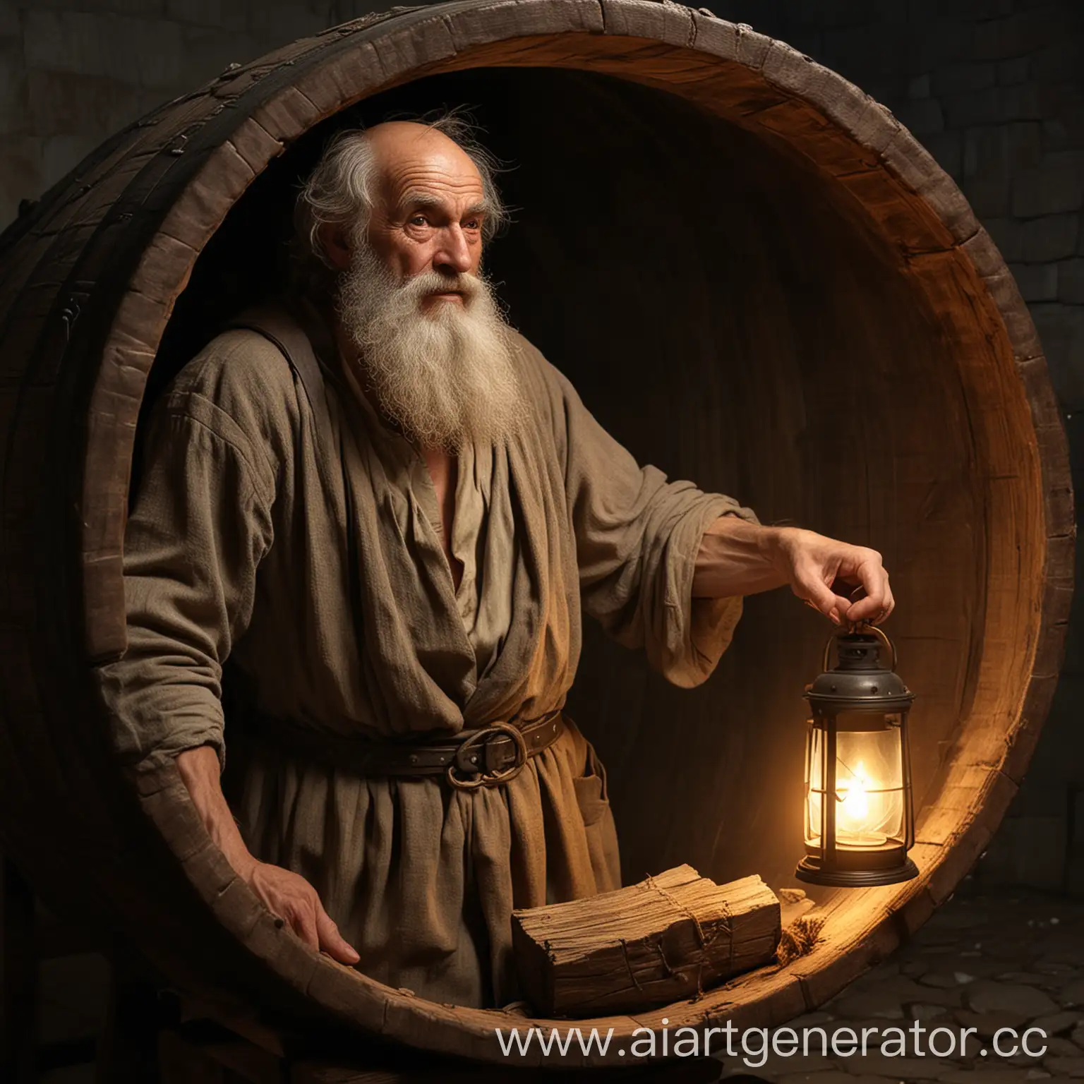 Diogenes in a giant barrel with a lamp in his hand