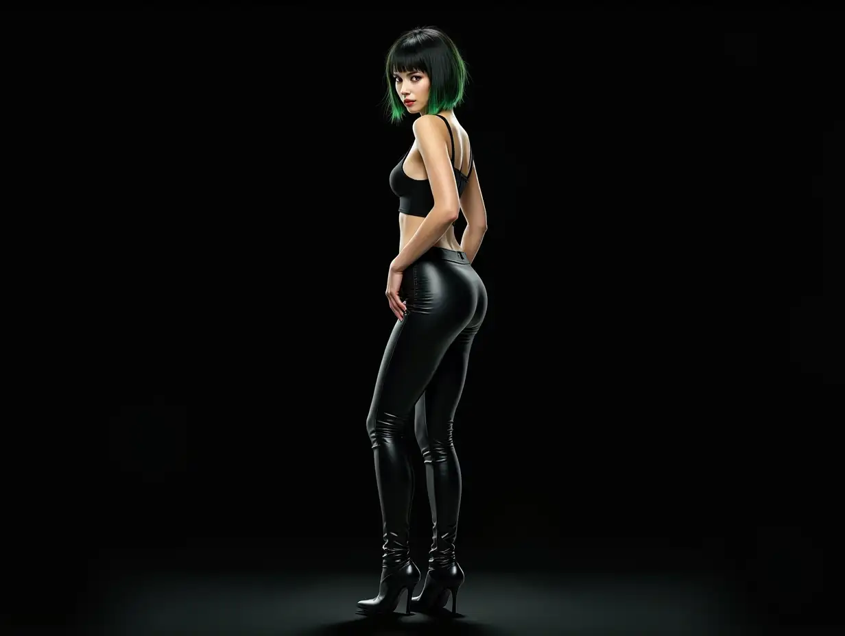 depiction of a beautiful white woman with short mixed black-green hair in a futuristic cyber and tight leather pants and high heels, black background (120mm) shot poster