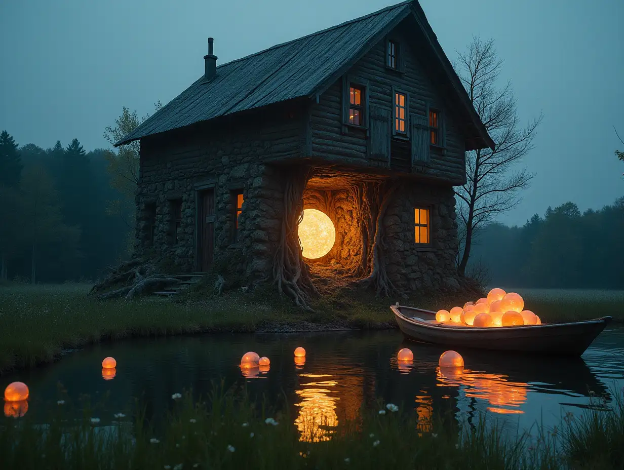 Face turning into a building with glowing glass balls and roots Lit on a meadow with a lake and a boat with glowing floating balls looking at the viewer