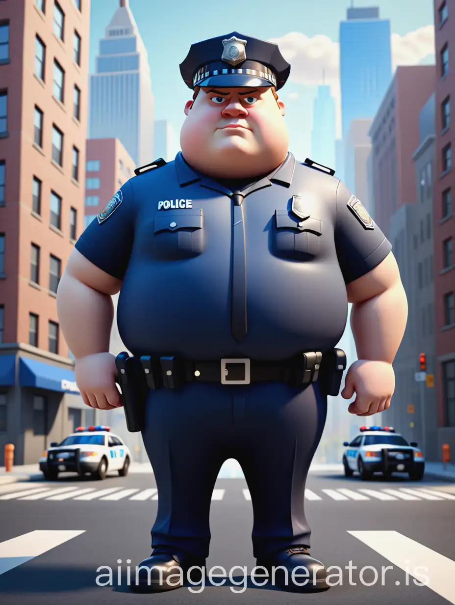 POLICE FAT 3D, he image shows a stylized cartoon of a police officer standing confidently in front of a cityscape.