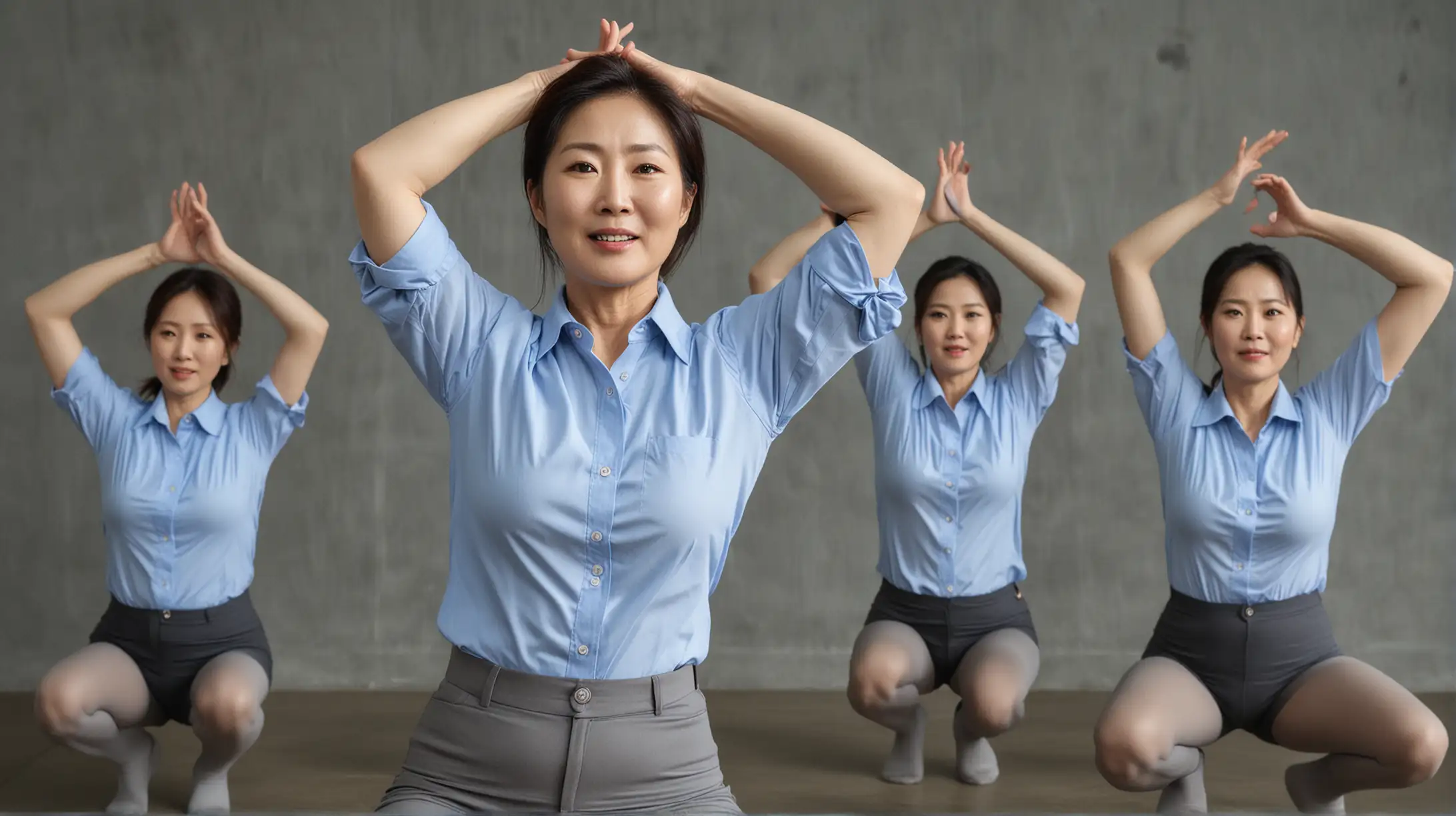 Mature Korean Women in Light Blue Shirts Doing Overhead Squat Exercise