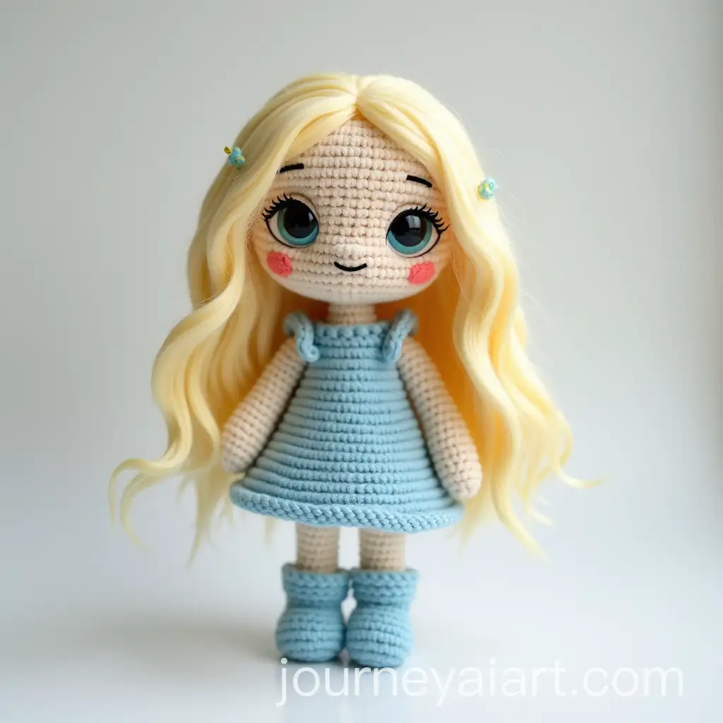 Amigurumi-Girl-with-Big-Eyes-and-Light-Blond-Hair-in-Blue-Dress-and-Boots