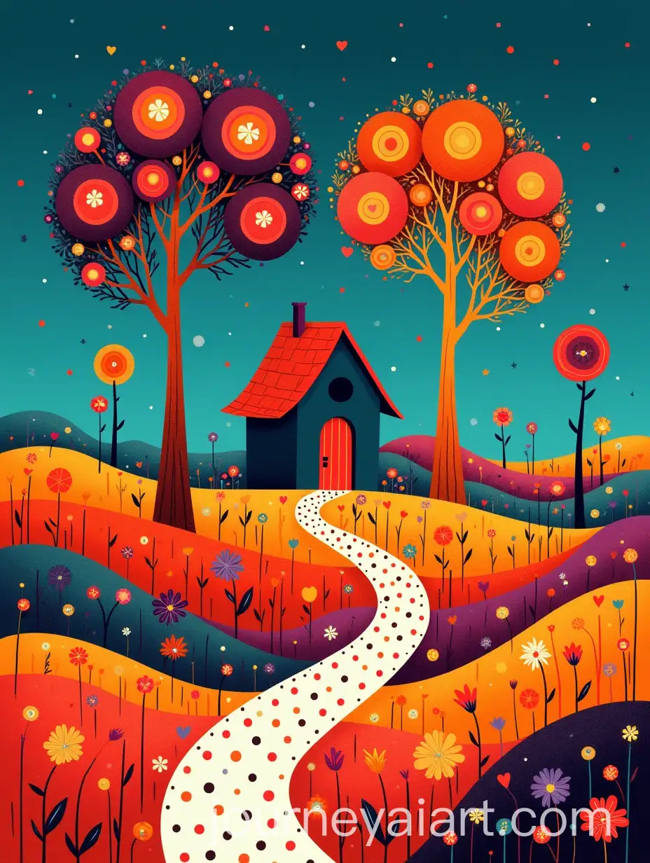 Whimsical-FolkArt-House-in-a-Colorful-Meadow-with-HeartShaped-Trees-and-Polka-Dots