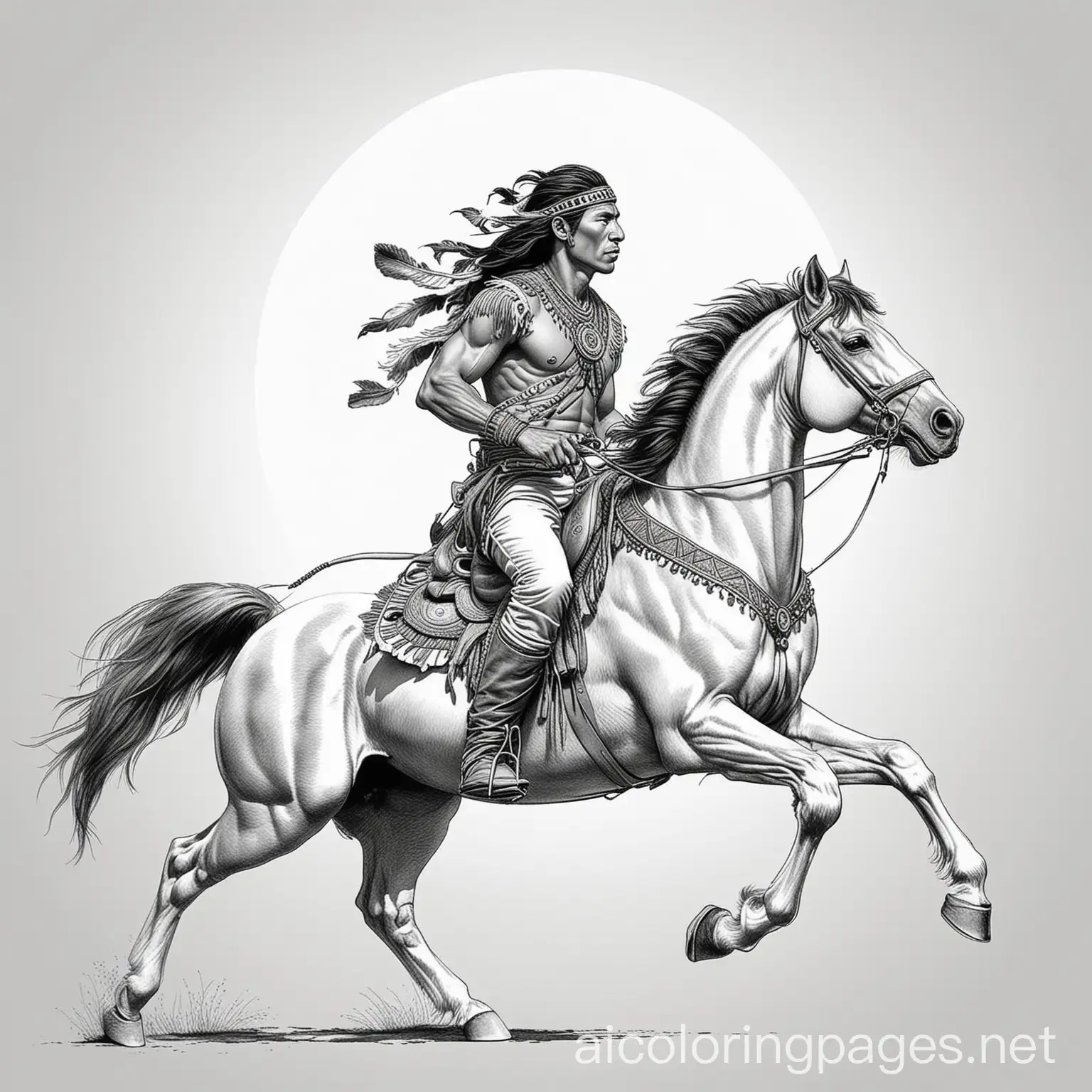 native american brave on horse, Coloring Page, black and white, line art, white background, Simplicity, Ample White Space. The background of the coloring page is plain white to make it easy for young children to color within the lines. The outlines of all the subjects are easy to distinguish, making it simple for kids to color without too much difficulty