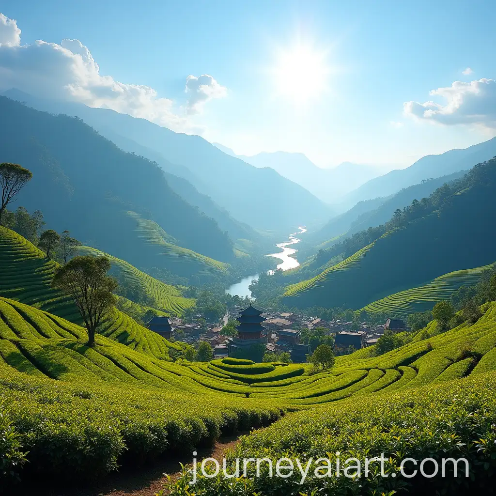 Scenic-4K-Tea-Plantation-in-Yunnan-with-Blooming-Camellias-and-Traditional-Architecture