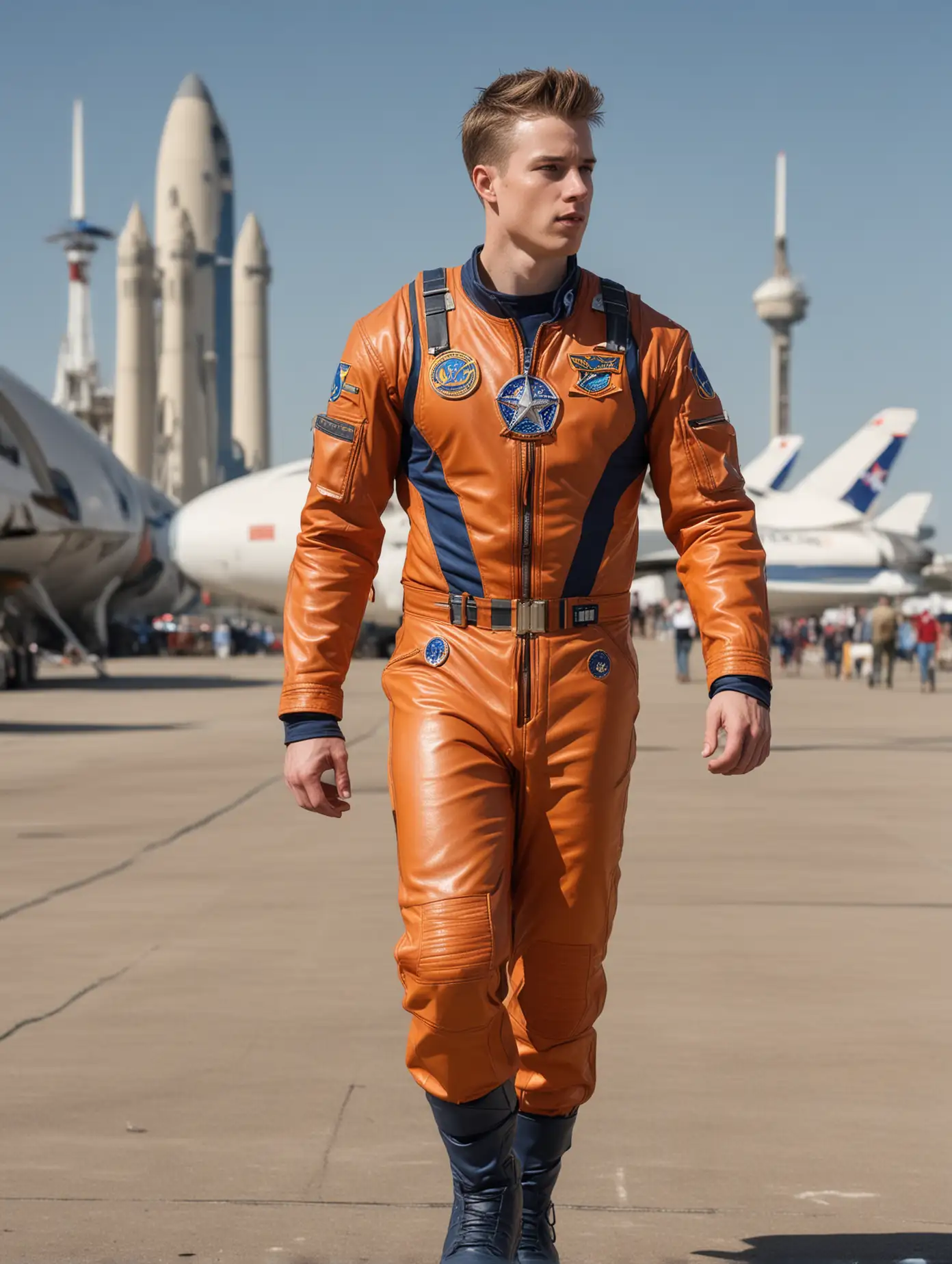 Muscular-Space-Cadet-in-Orange-Leather-Uniform-Walking-to-Futuristic-Spacecraft