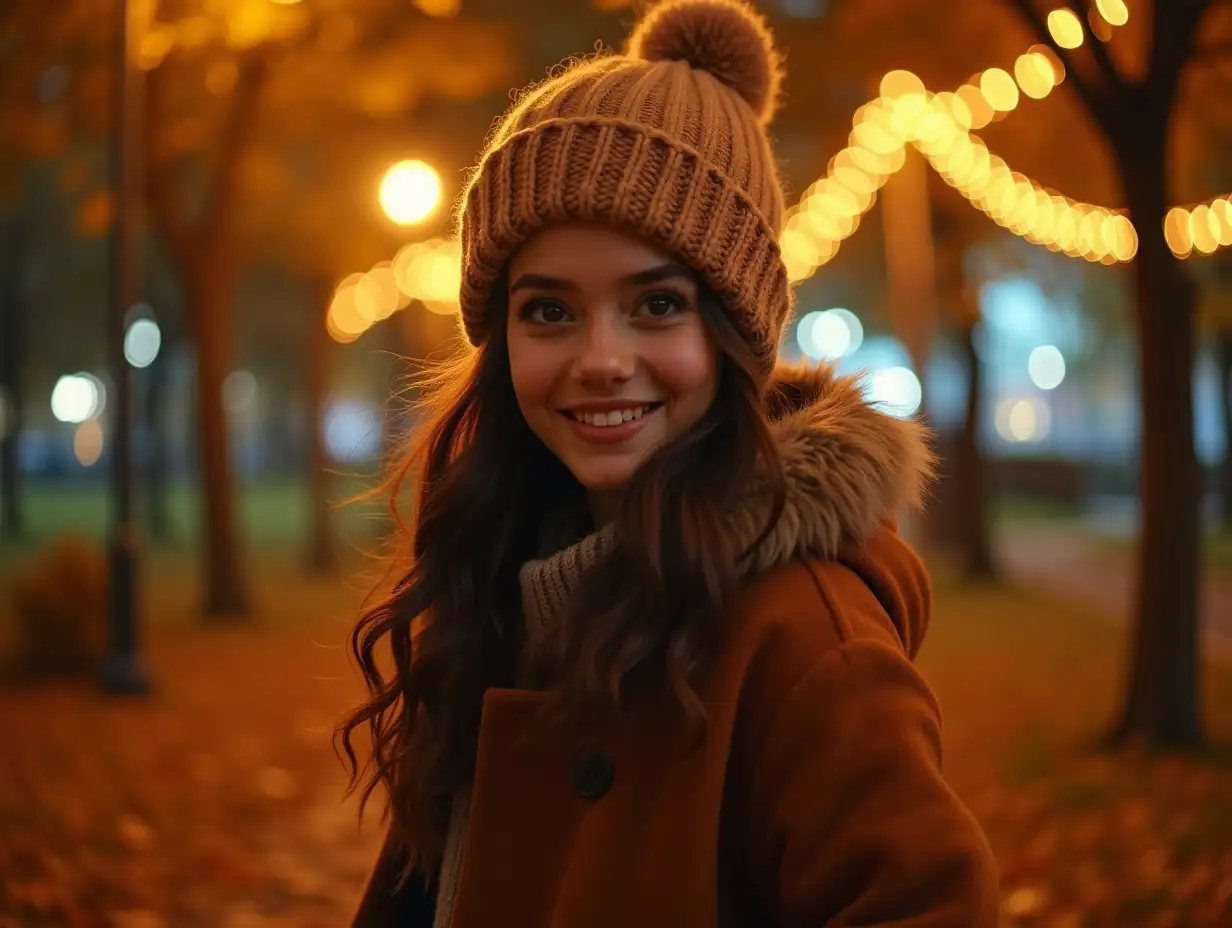 A cinematic shot of a beautiful hipster girl from an indie movie dancing and twirling around in the center of the frame, medium wide shot, age 20, cute, happy, smiling, brunette, hazel eyes, button nose, warm hat, looking at viewer lovingly, in a park, streetlights, fall, autumn, nighttime, vivid colors, fall string lights, high-resolution