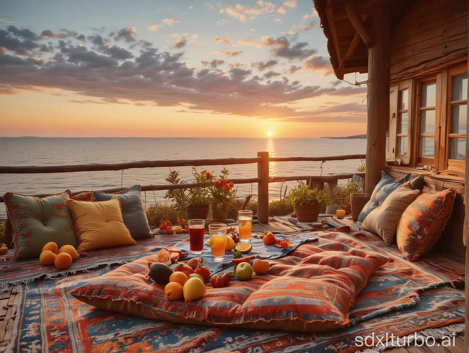 amazing sunset, beautiful sea view. Picnic setup with cushions and carpets on an old Bavarian style rug, including a small table with fruit and drinks. Overlooking the seascape and sky from a wooden house on the roof, in the style of impressionist artist.fuji provia, Close-up shot