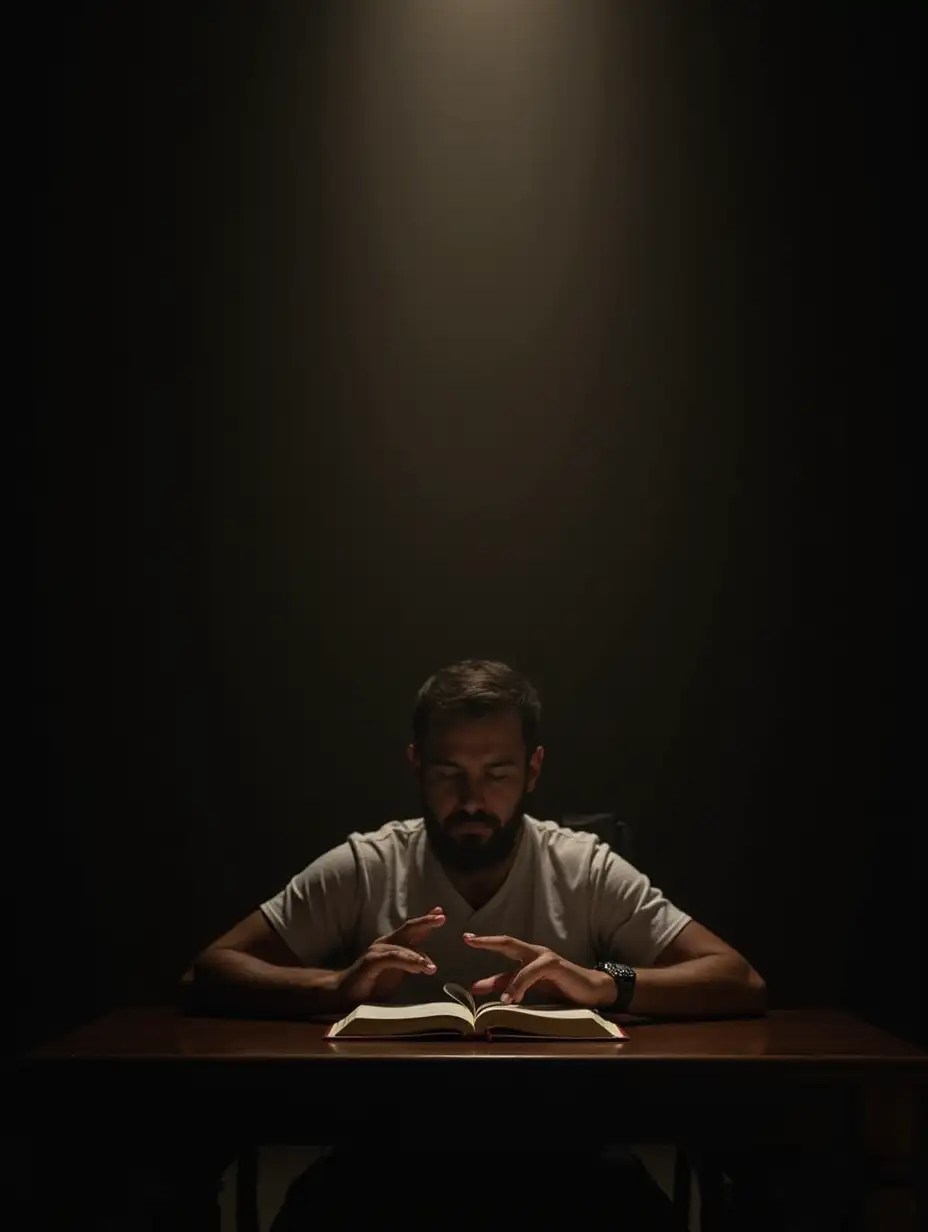 A serene indoor scene of a person sitting quietly by a dimly lit table, an open Bible in his hands, radiating peace and reflection as he read