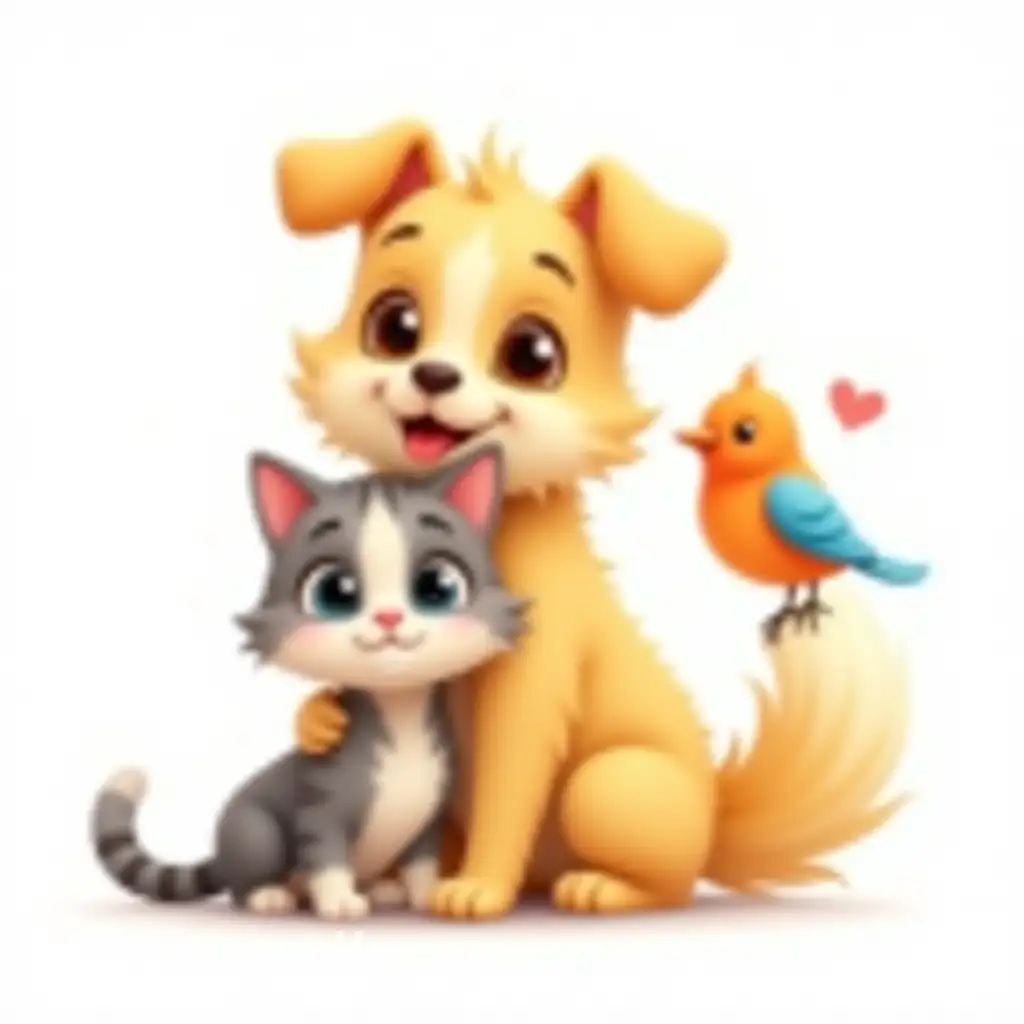 Cartoon-Dog-Cat-and-Bird-Sharing-a-Heartwarming-Moment-of-Friendship