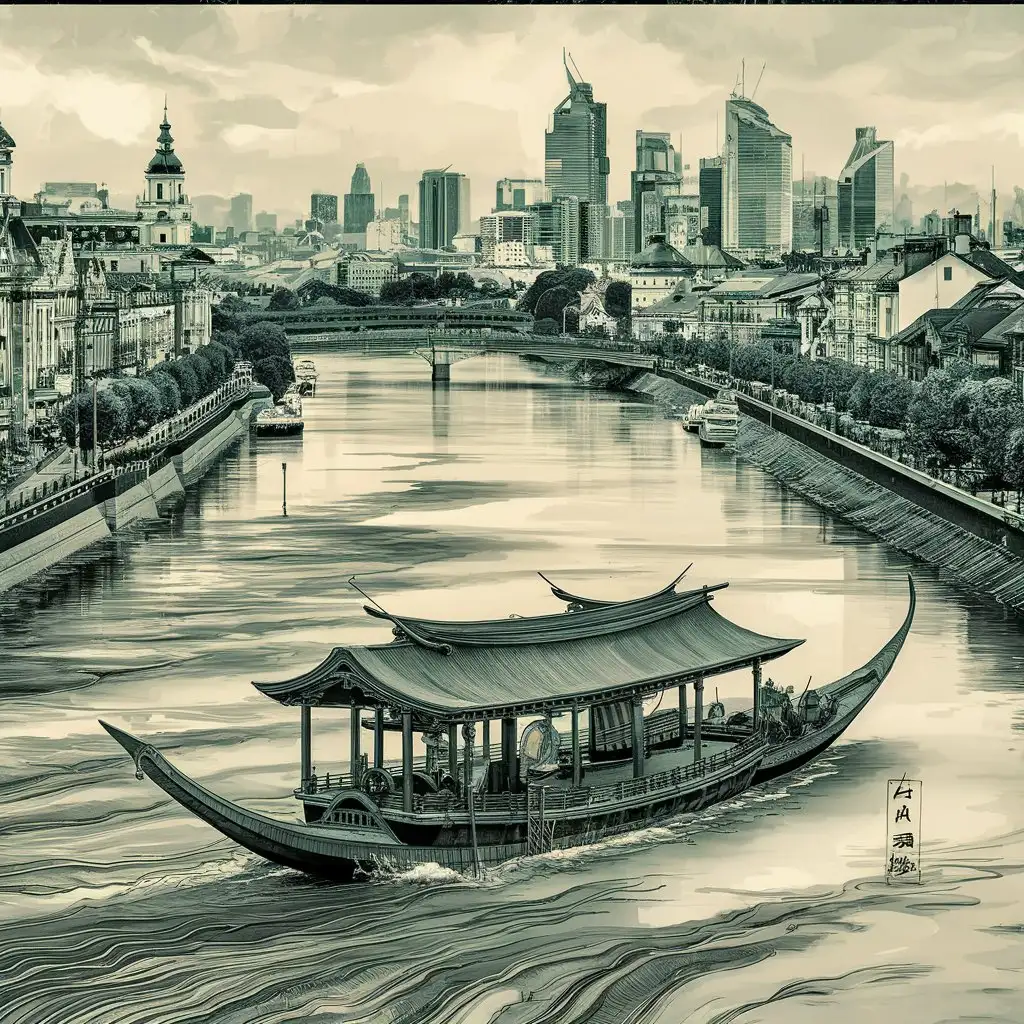 Hokusai-Style-Japanese-Boat-Floating-Down-Dmbovia-River-in-Ultra-HD-8K