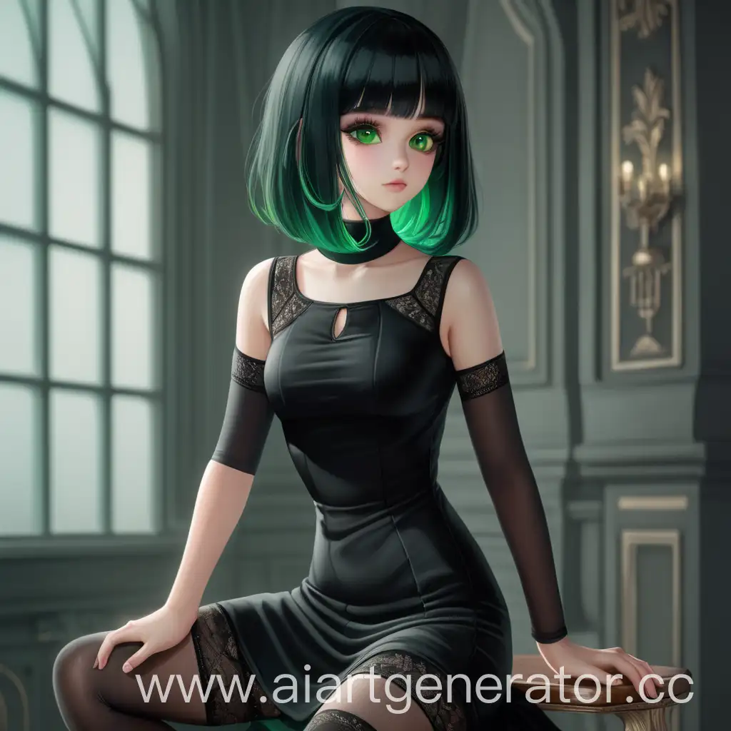 Beautiful-Girl-in-Black-Dress-and-Tights-with-GreenBlack-Hair