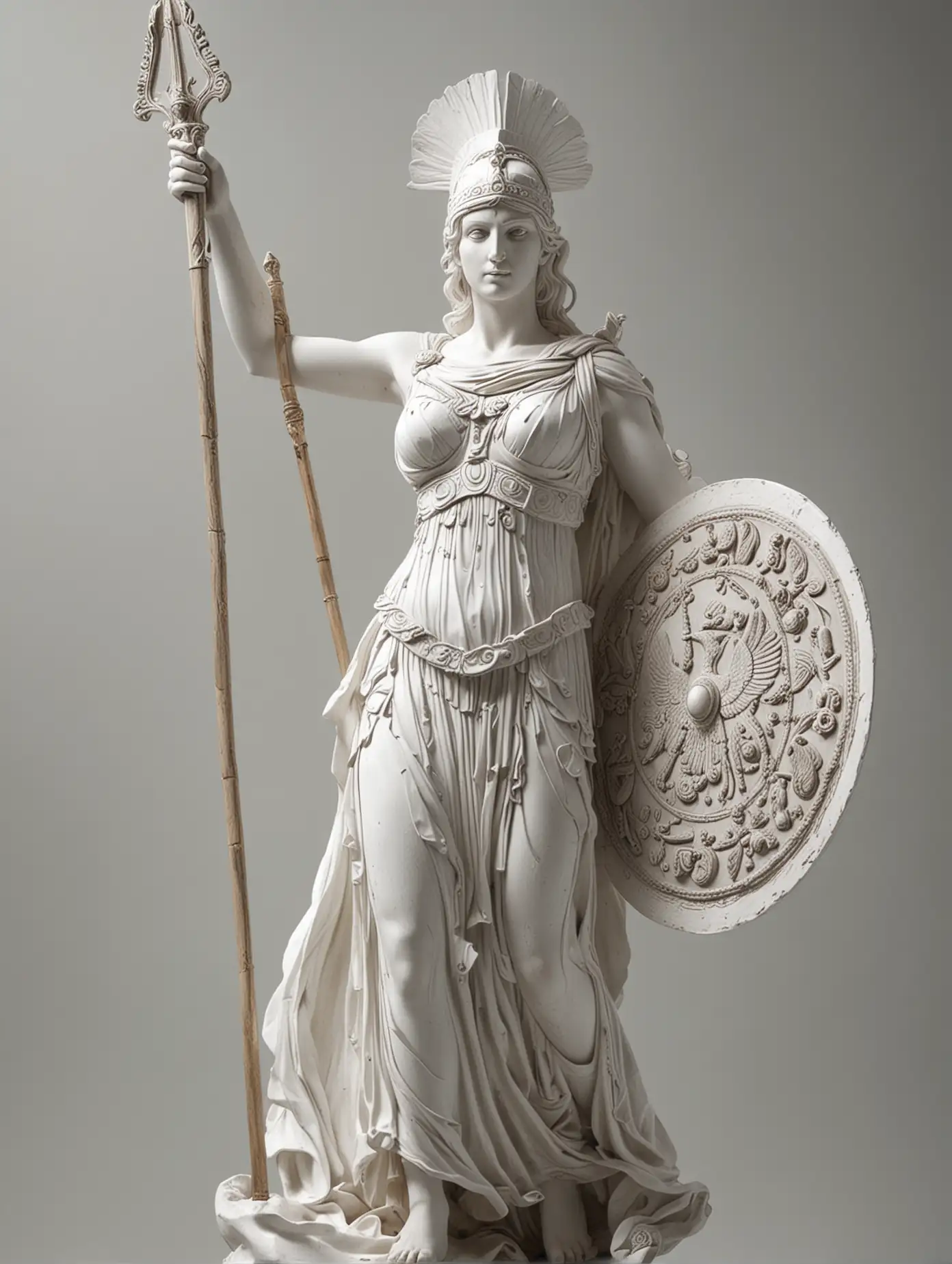 Athena Statue Holding Shield and Spear in White Space