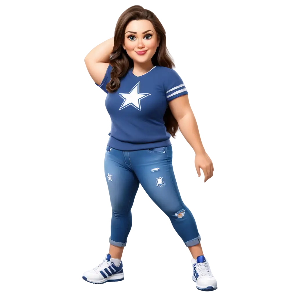 cartoon curvy over weight fantasy woman with brown hair in a pony tail, blue eyes, and wearing distressed jeans and a dallas cowboys football sweater that has the star on the front, she is wearing blue tennis shoes, she is ready to throw a football