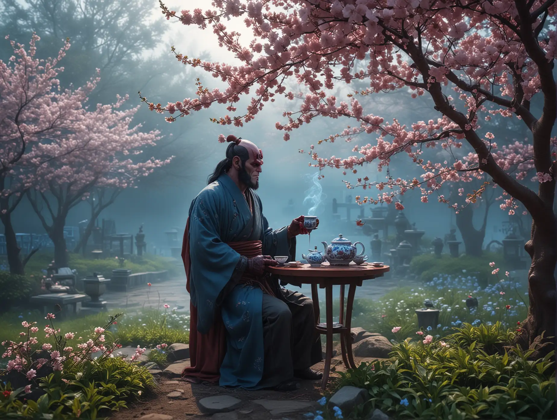 Hellboy-and-Liz-Sherman-Drinking-Tea-in-Cherry-Blossom-Garden-at-Dawn