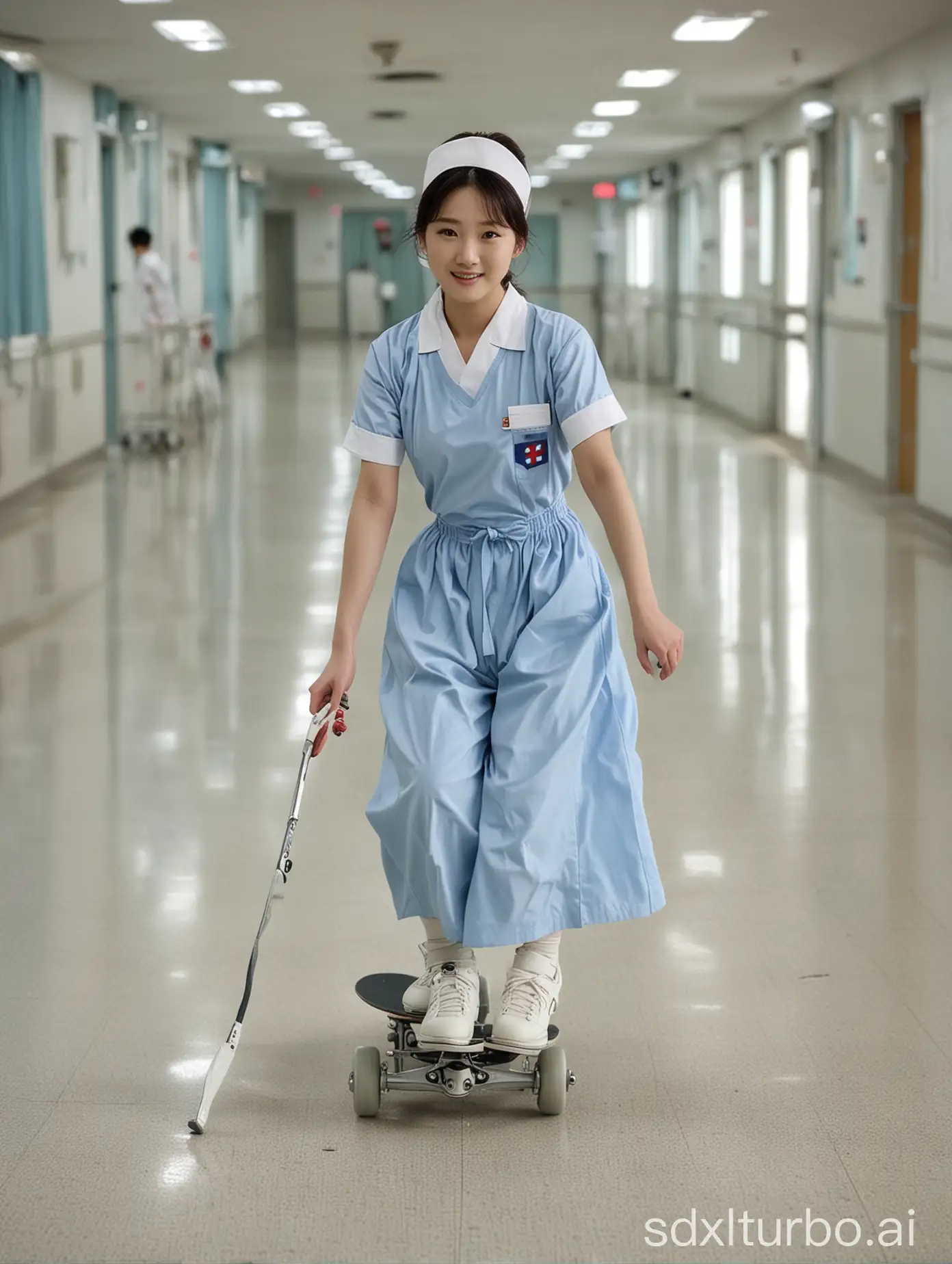 Korean-Nurse-Skating-Effortlessly-in-Hospital-Corridor