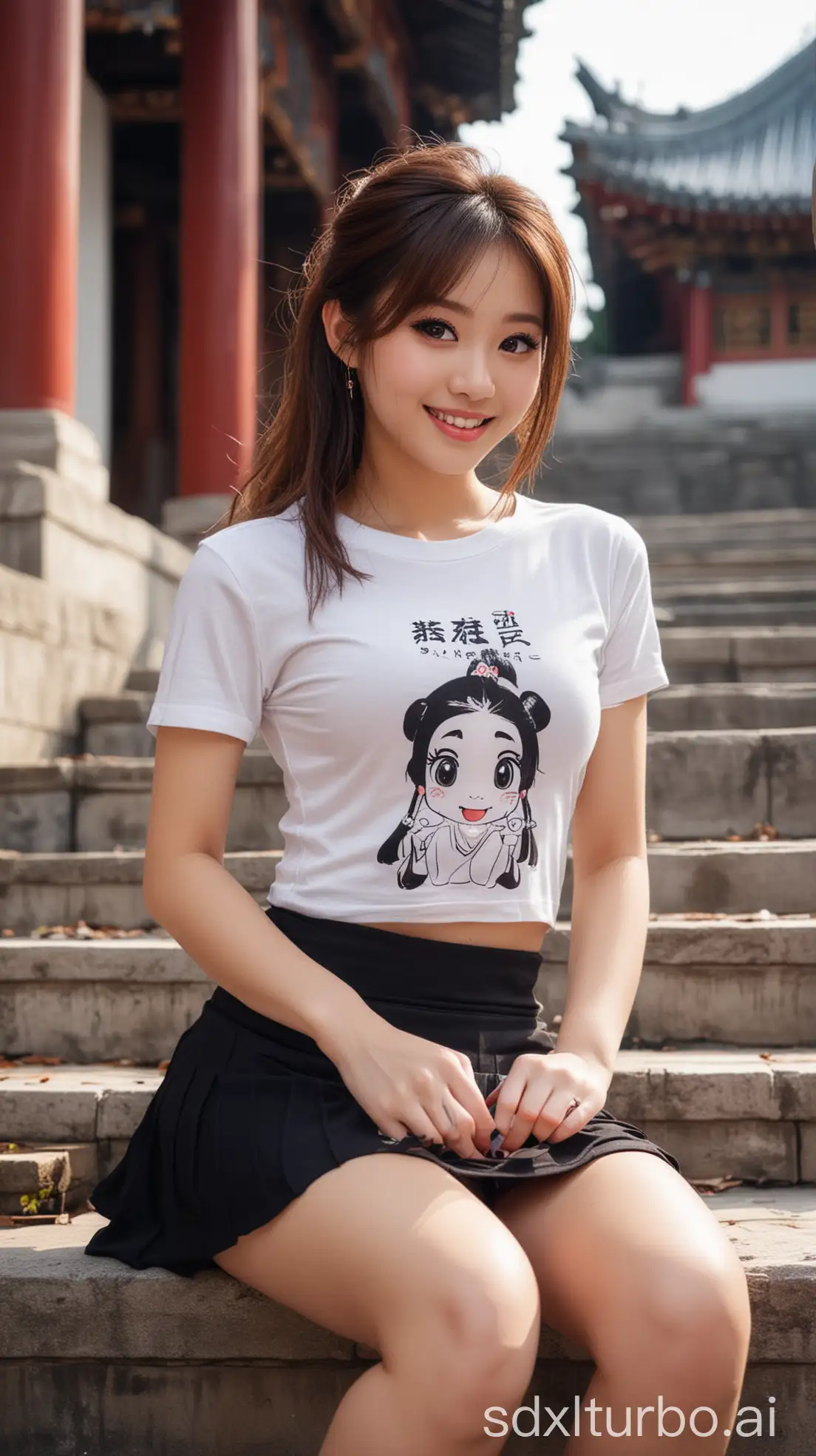 Chinese-Beauty-with-Sweet-Smile-Sitting-by-Temple-Steps-in-Winter-Outfit