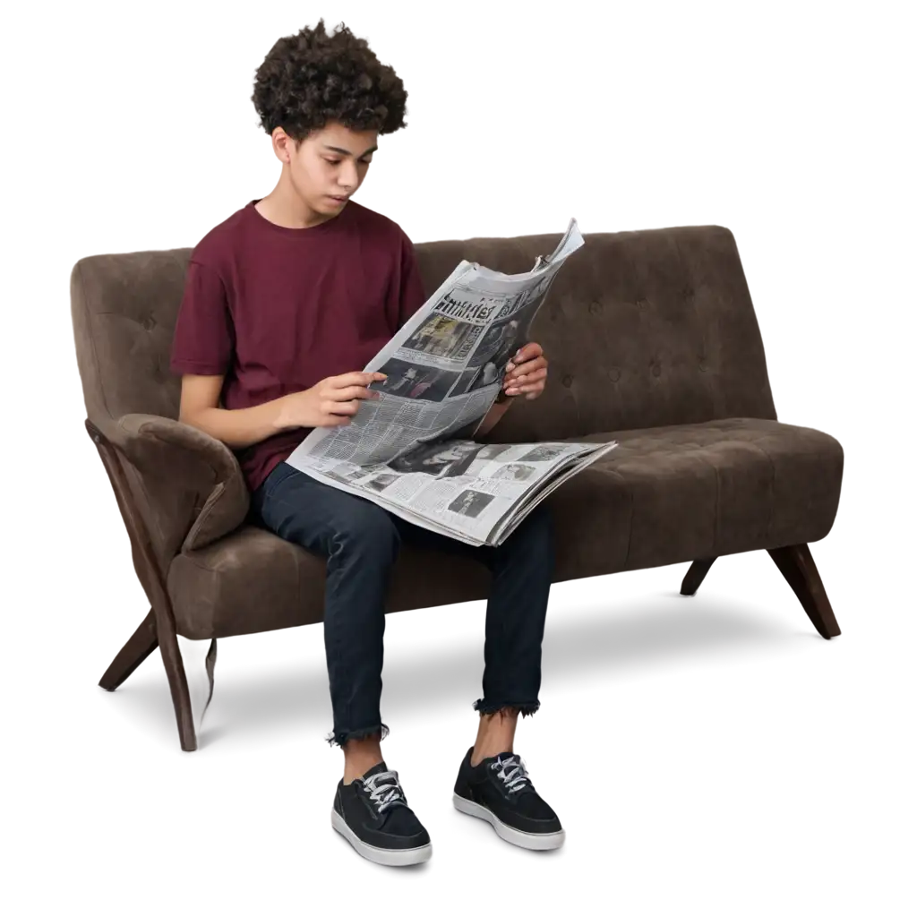 Teenager-Reading-Newspaper-on-Sofa-PNG-Image-Perfect-for-Lifestyle-and-Media-Content