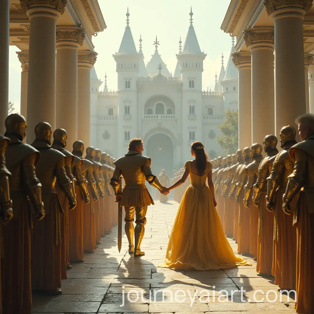 King-and-Queen-in-Majestic-Castle-Setting-with-Shining-Armor-and-Golden-Dress