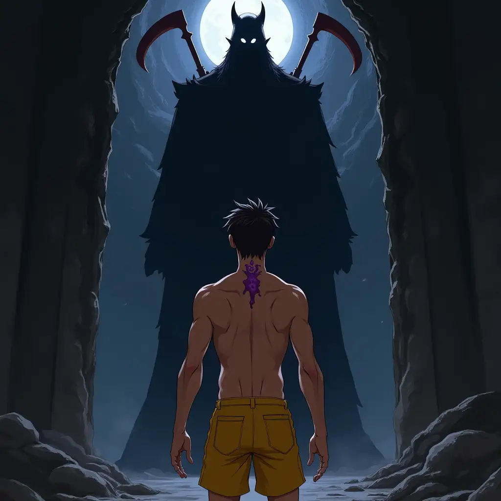 Digital art, high quality, bloom, detailed scene, view from behind, shirtless tanned short guy with yellow short shorts and purple vampire bite marks on neck, standing before dark portal into domain of tall handsome shadowy figure, four scythe emblem