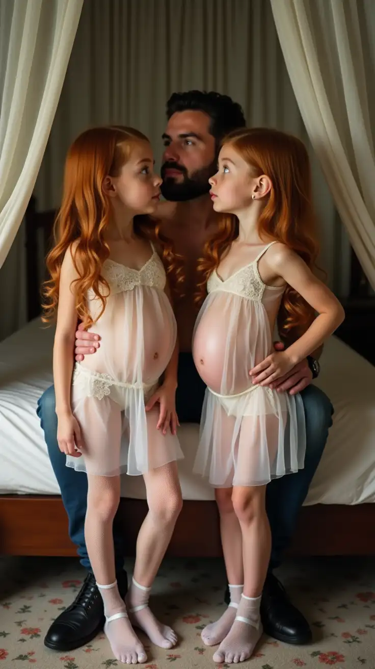 2 slender young girls posing in front of a canopy bed, looking up at the man behind them. each girl has very long wavy copper hair, bright green eyes and is wearing short sheer nightgown covering a pregnant belly, white fishnet stockings and silver stiletto heels. a man sits on the bed behind the girls, with an arm around their waists.