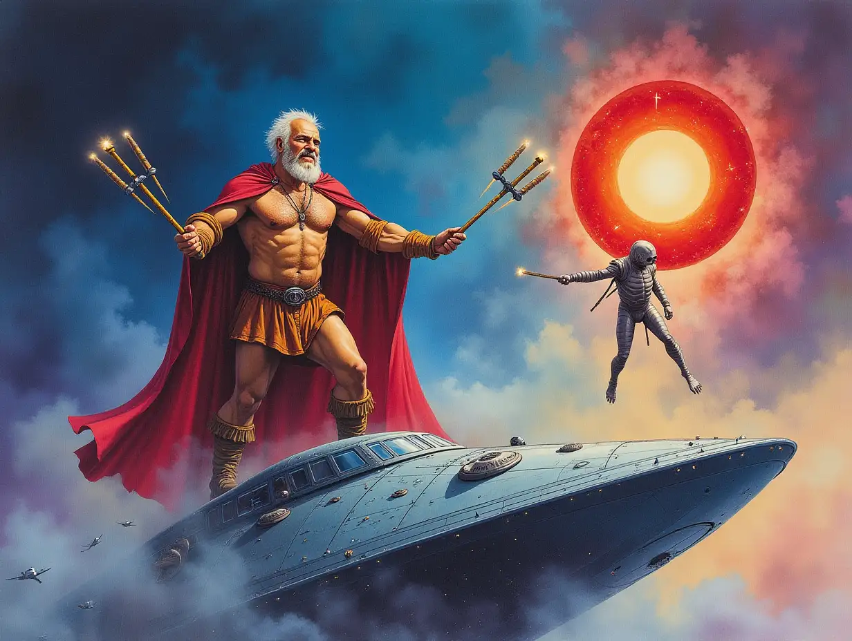 An epic watercolor depicting a colorful scene of. A very handsome manly muscular tanned Uncle Fester welding three lances is standing on top of the Battlestar Galactica flying through space fighting off Beetlejuice who is holding a comically large red herring