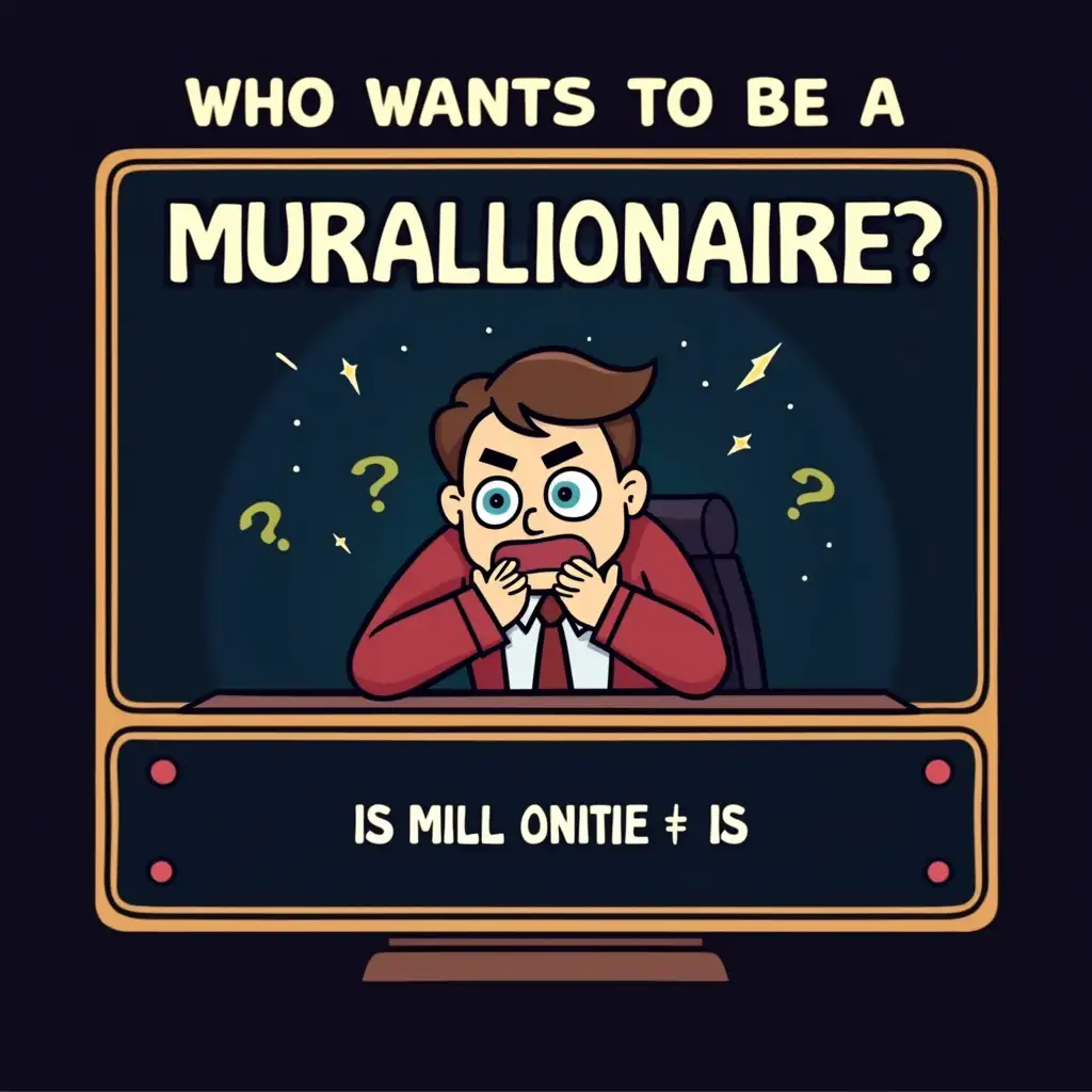 Make a empty template of a "who want to be millionaire" tv show screen. Alter the title to "Who wants to be a Murallionaire". Show a quiz participant who is very stressed or overwhelmed or biting their fingernails having a tough time to figure out the correct answer.