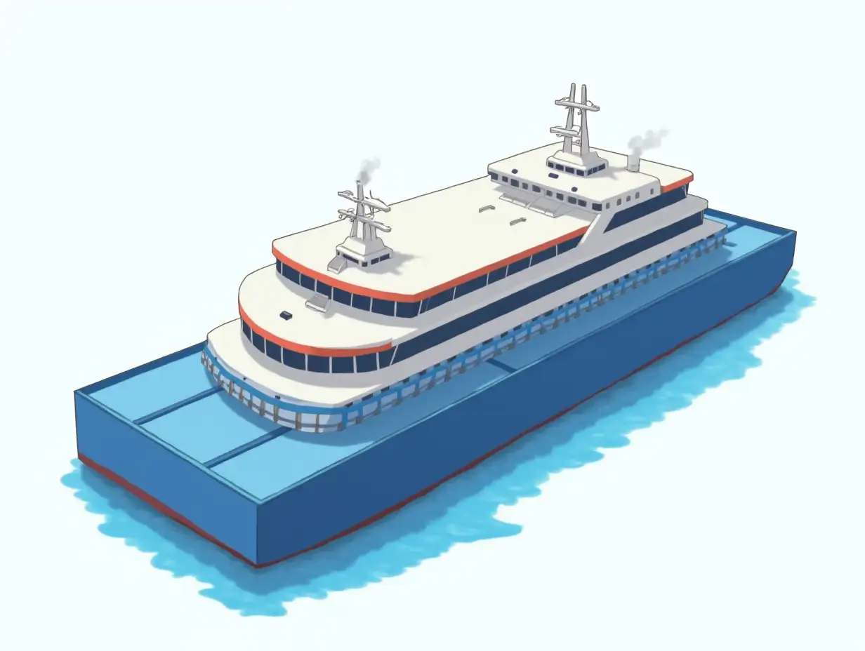 A large rectangular blue barge floating in the northern ocean, with a 4-storey rectangular white superstructure with longitudinal stripes of red and blue above it, and a small wheelhouse.. Sticker design - top view, high resolution, vector graphics, white background, anime-style coloring.